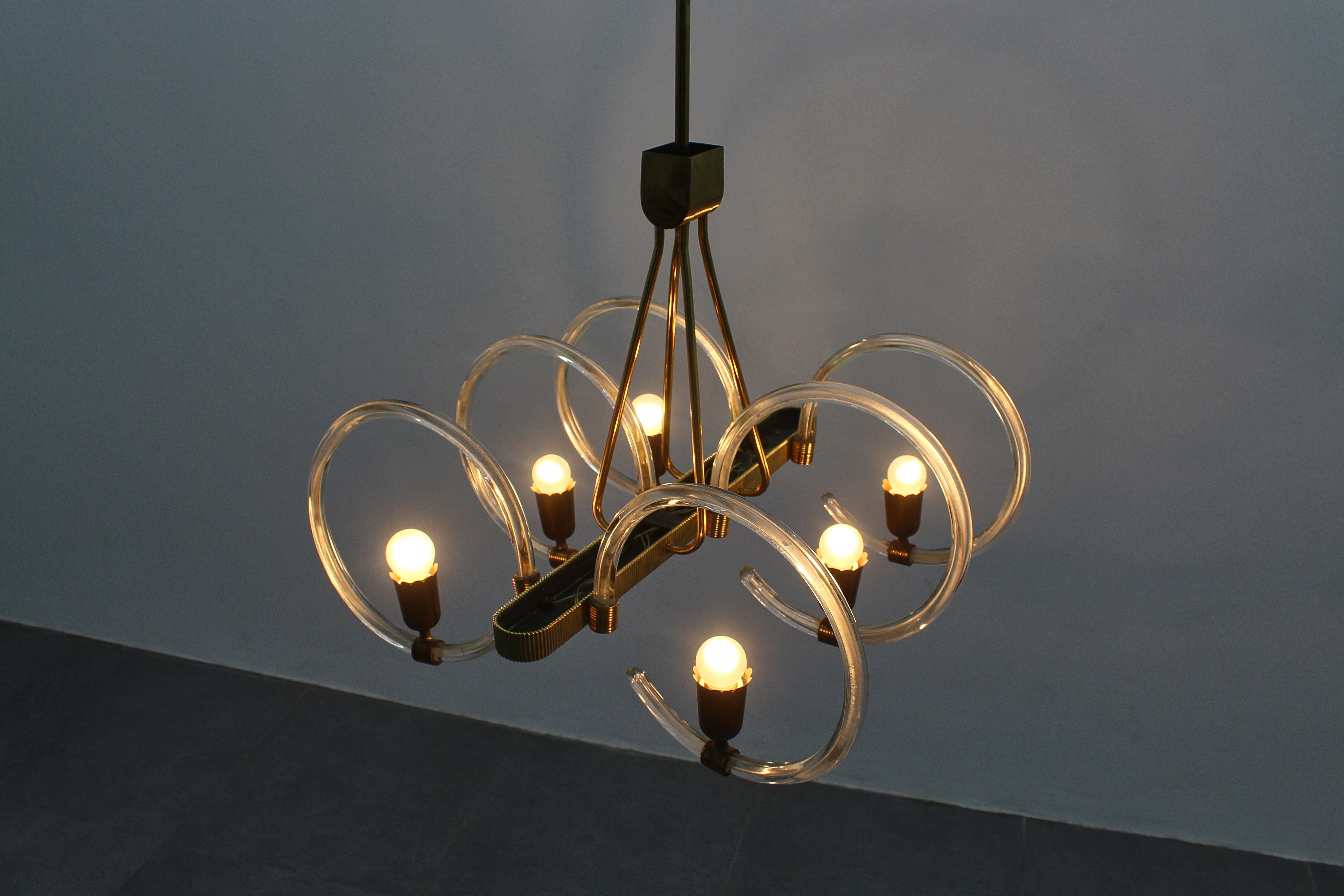 Mid-Century Barovier & Toso Murano Glass and Brass Chandelier 40s Italy For Sale 11