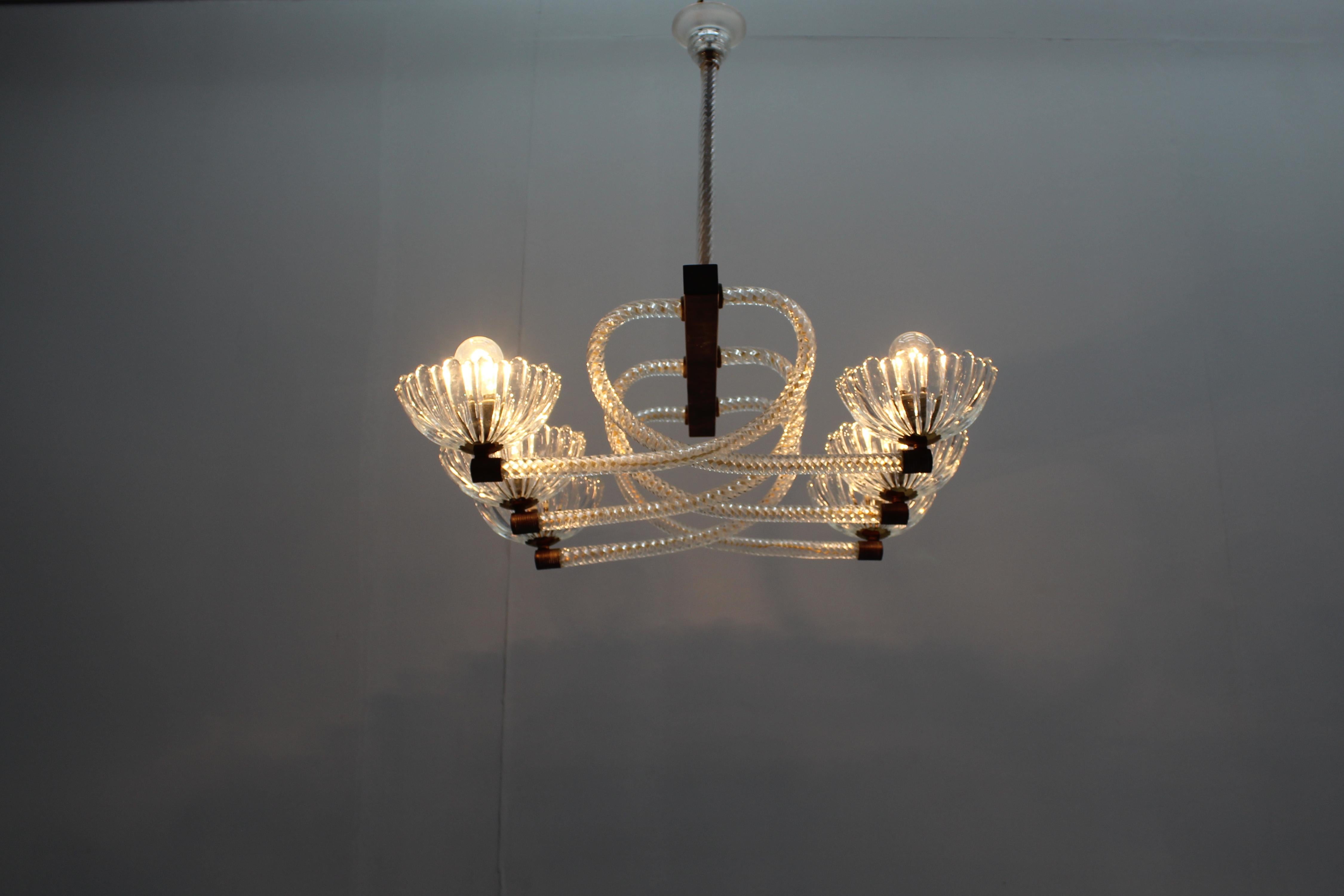 Mid-Century Barovier & Toso Murano Glass and Brass Chandelier 40s Italy 11