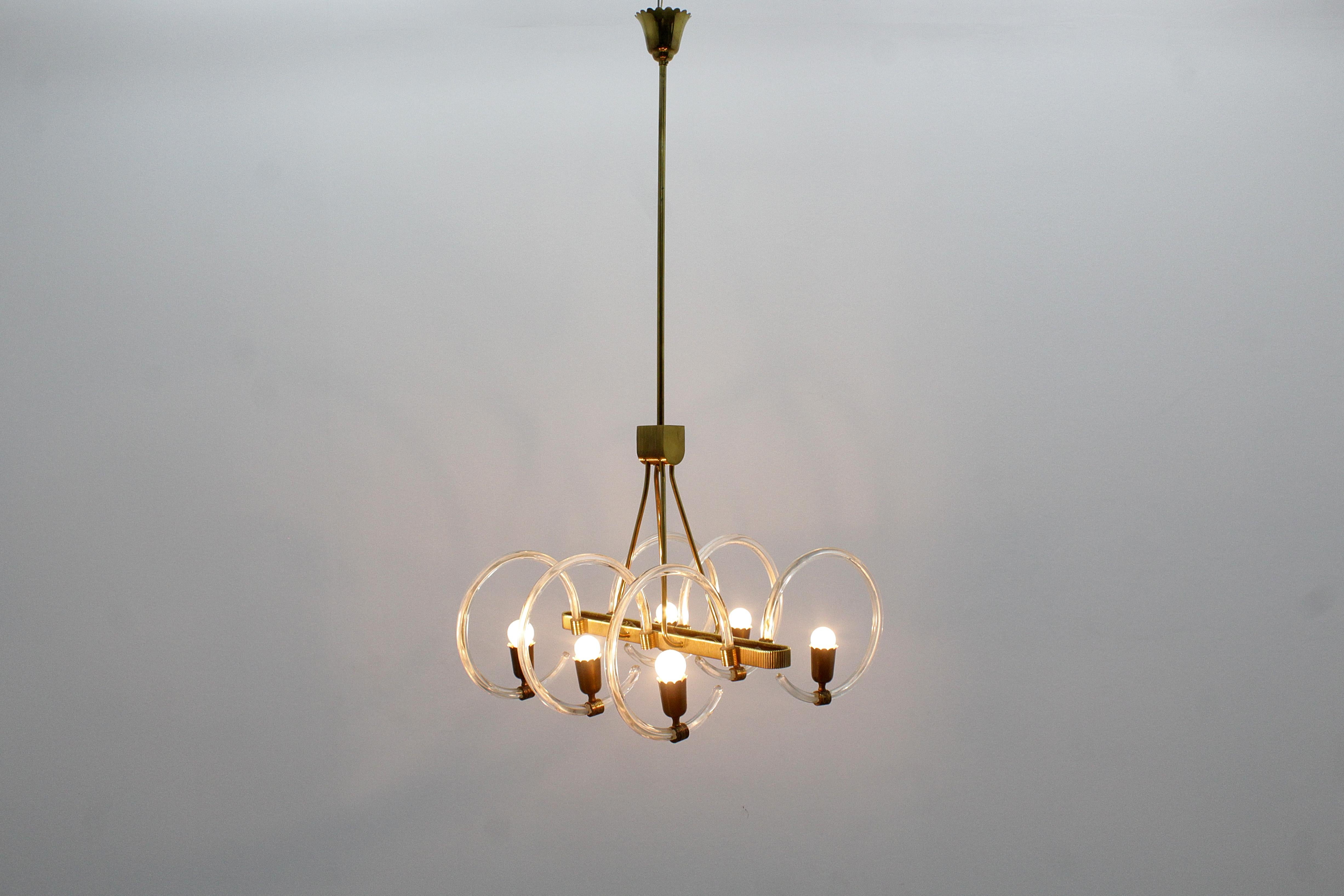 Mid-Century Barovier & Toso Murano Glass and Brass Chandelier 40s Italy For Sale 12