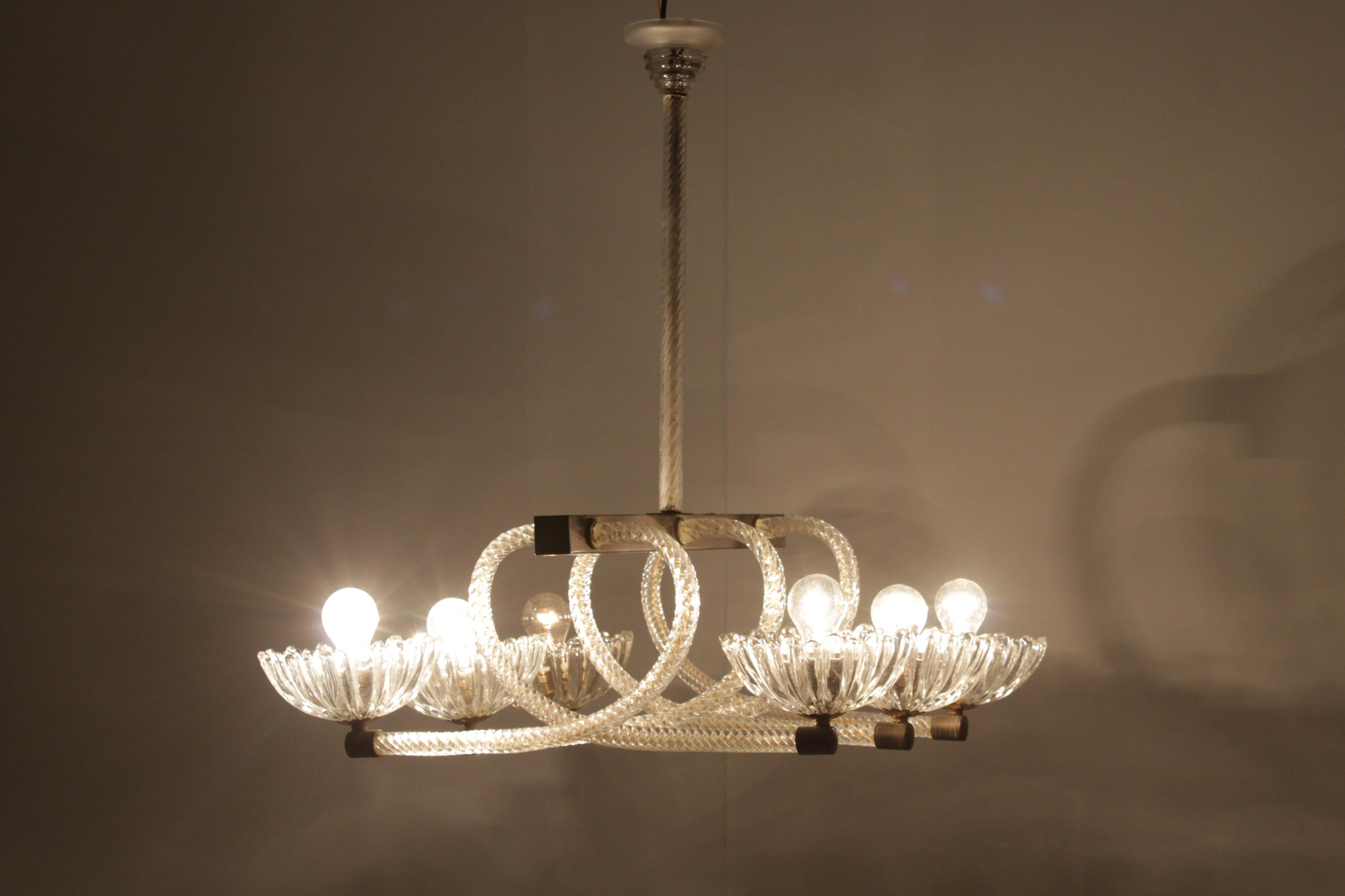 Mid-Century Barovier & Toso Murano Glass and Brass Chandelier 40s Italy 12