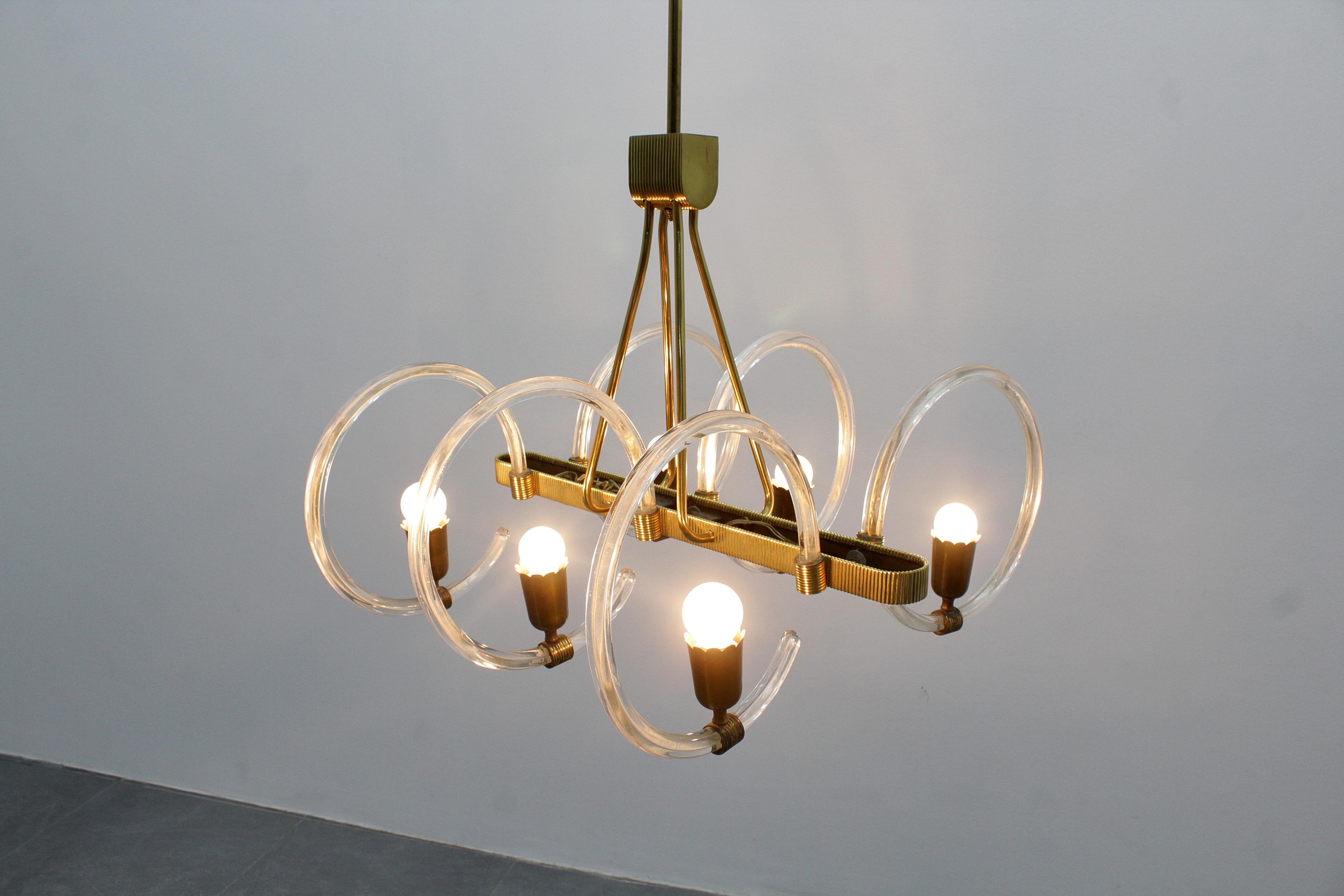 Mid-Century Barovier & Toso Murano Glass and Brass Chandelier 40s Italy For Sale 13