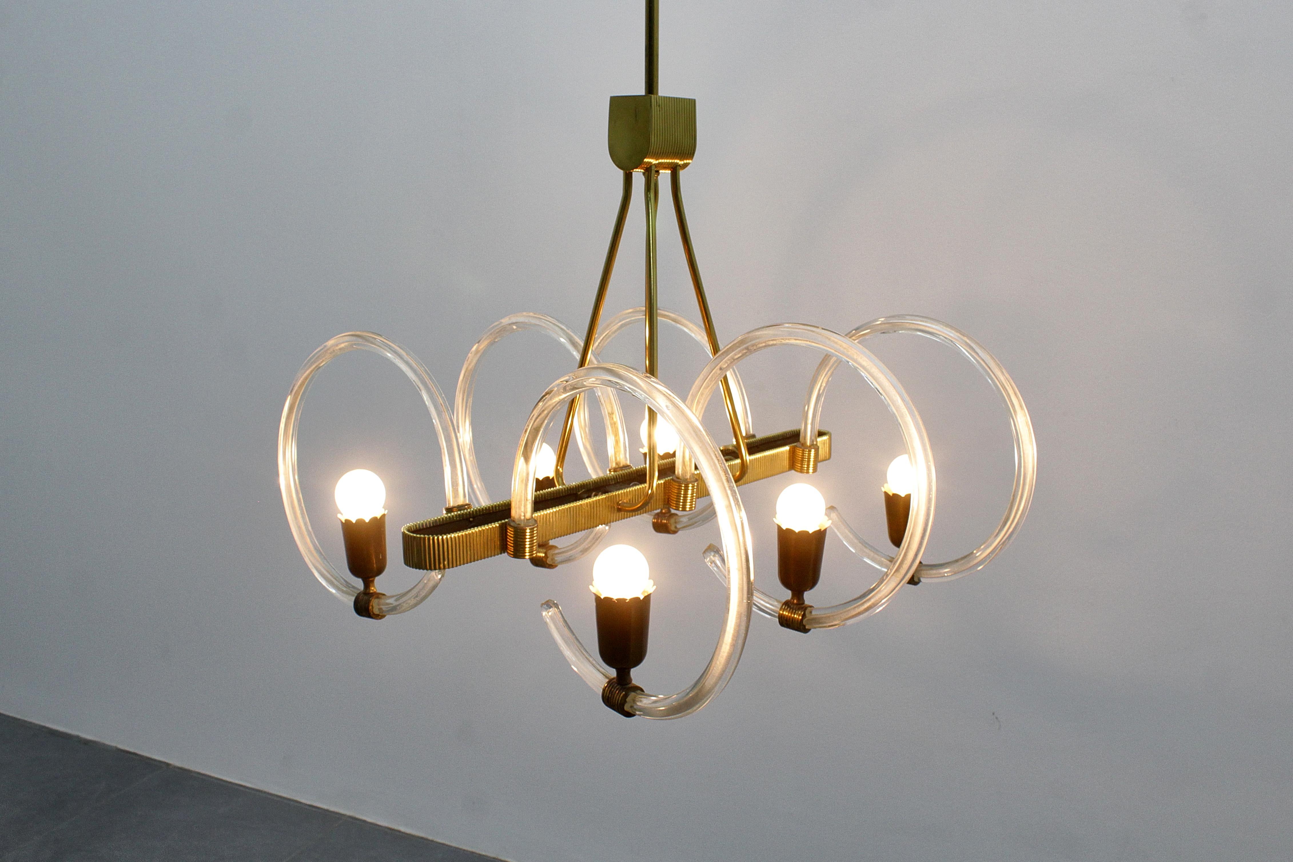 Mid-Century Barovier & Toso Murano Glass and Brass Chandelier 40s Italy For Sale 14