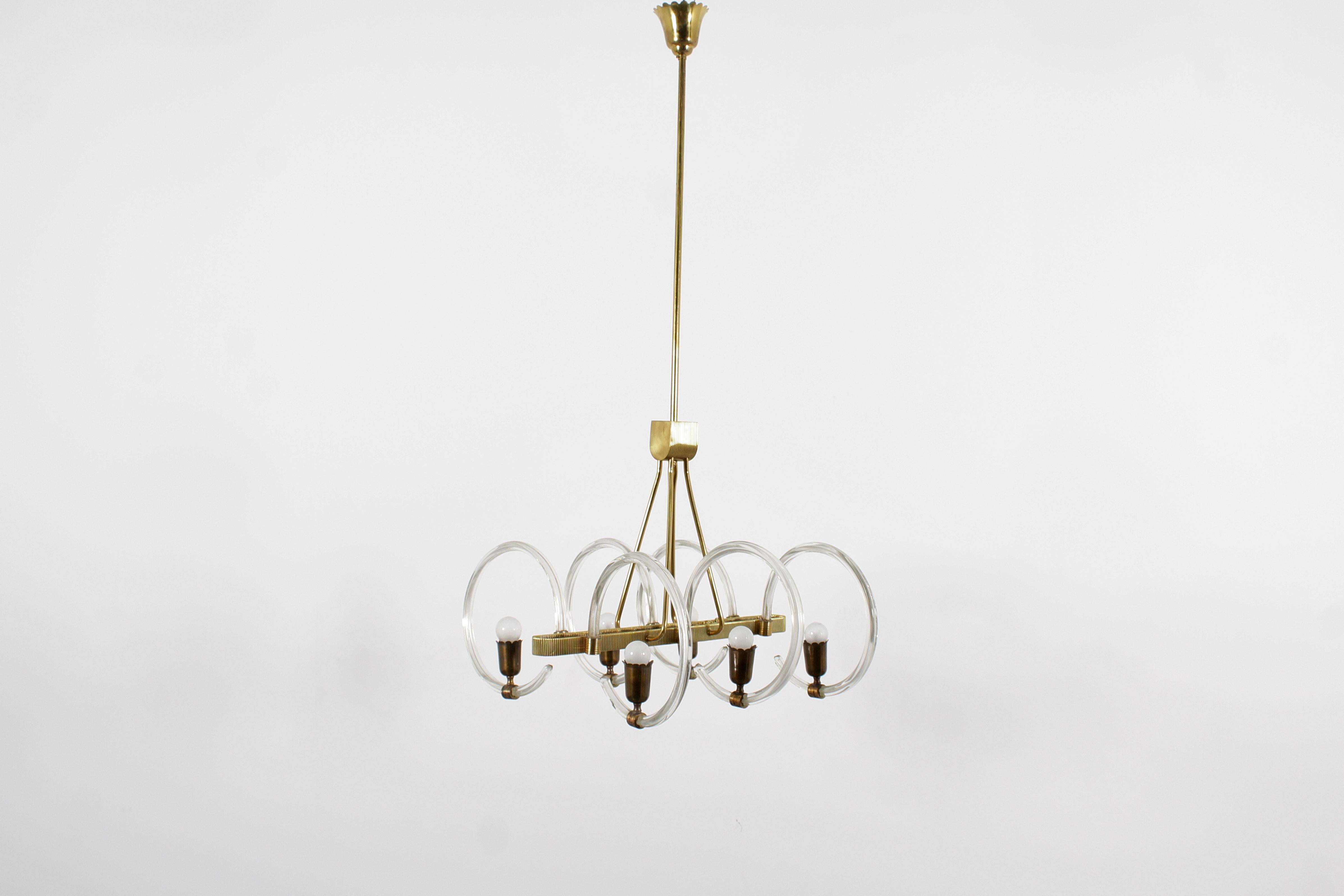 Mid-Century Modern Mid-Century Barovier & Toso Murano Glass and Brass Chandelier 40s Italy For Sale