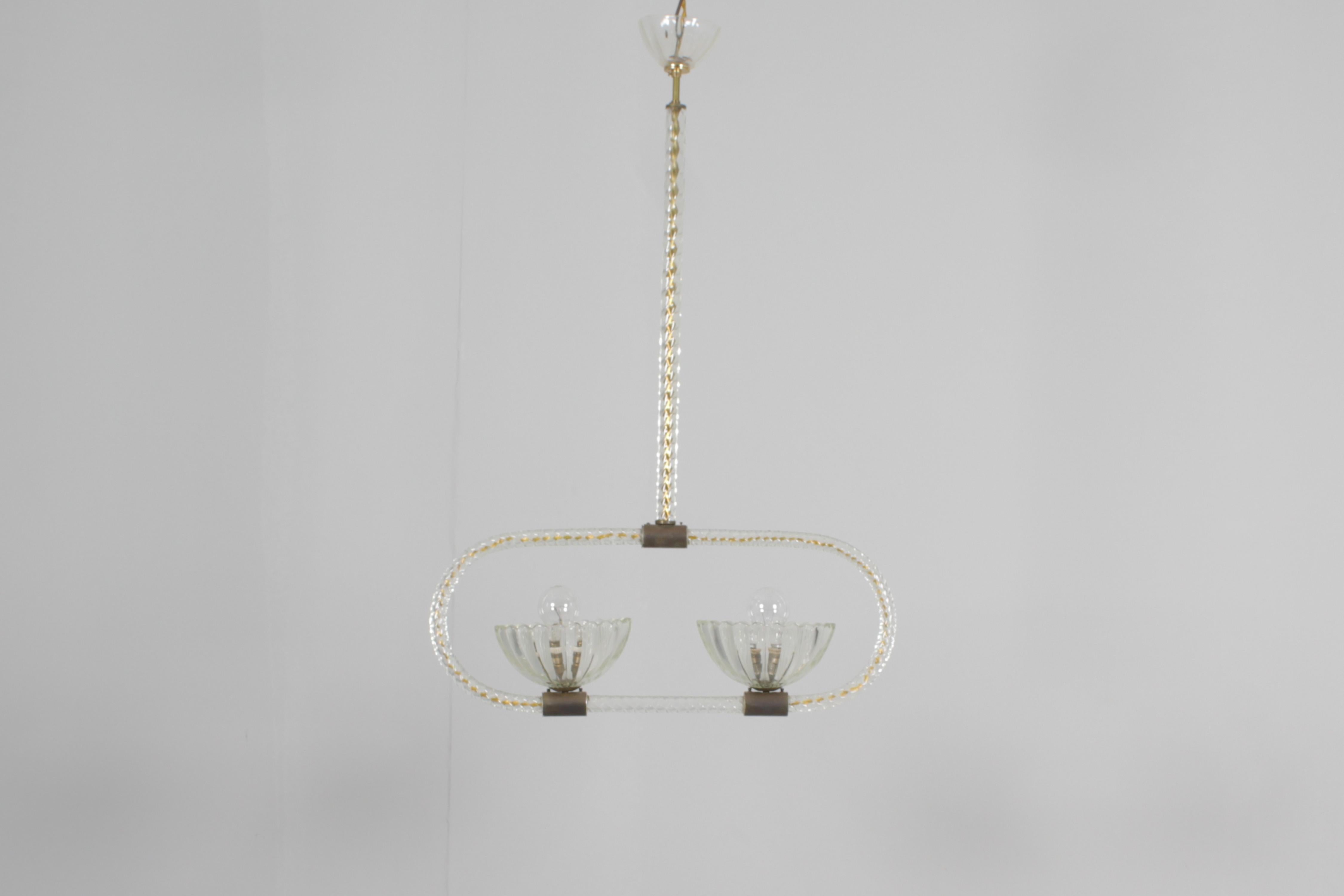 Italian Mid-Century Barovier & Toso Murano Glass and Brass Chandelier 40s Italy For Sale