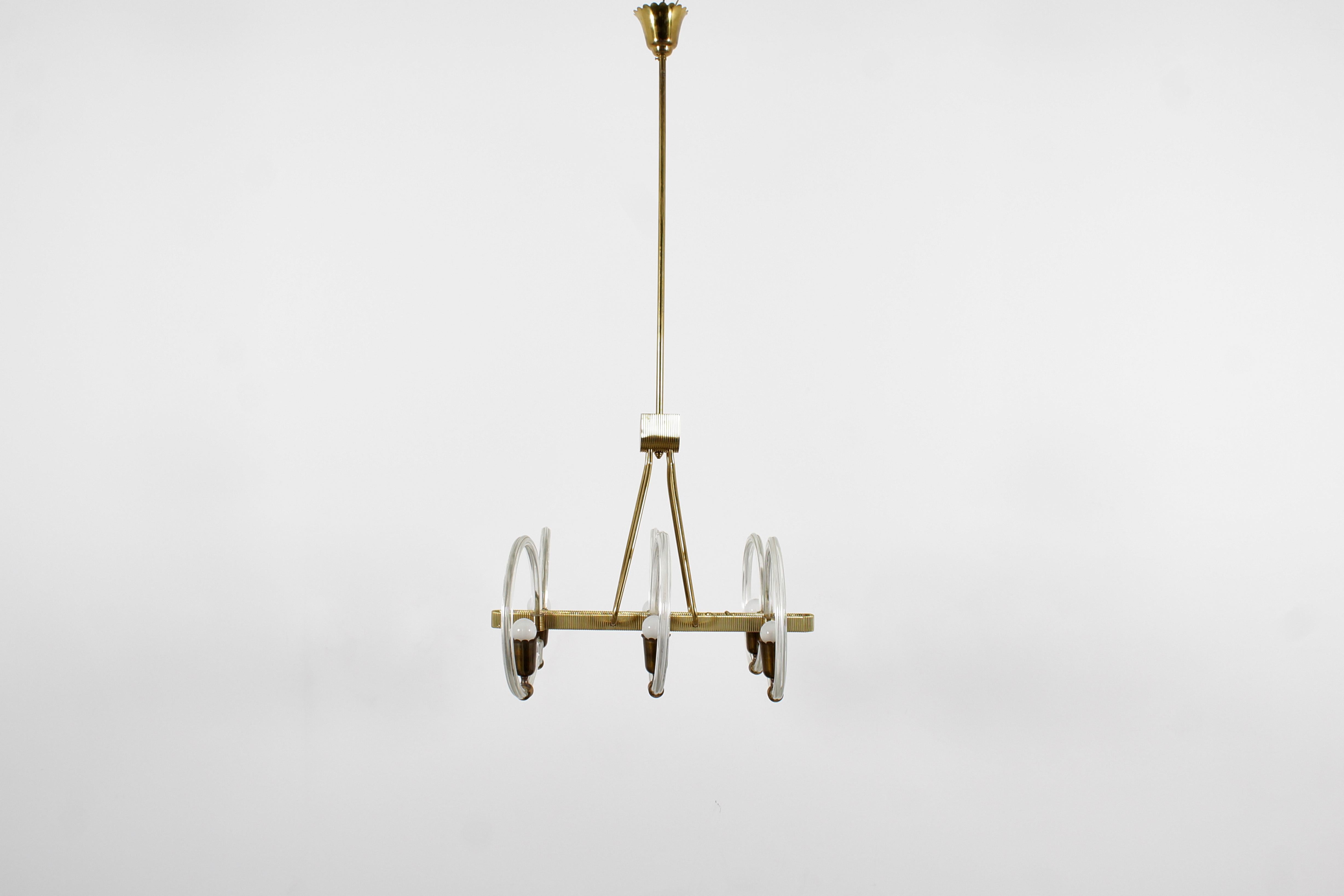 Italian Mid-Century Barovier & Toso Murano Glass and Brass Chandelier 40s Italy For Sale