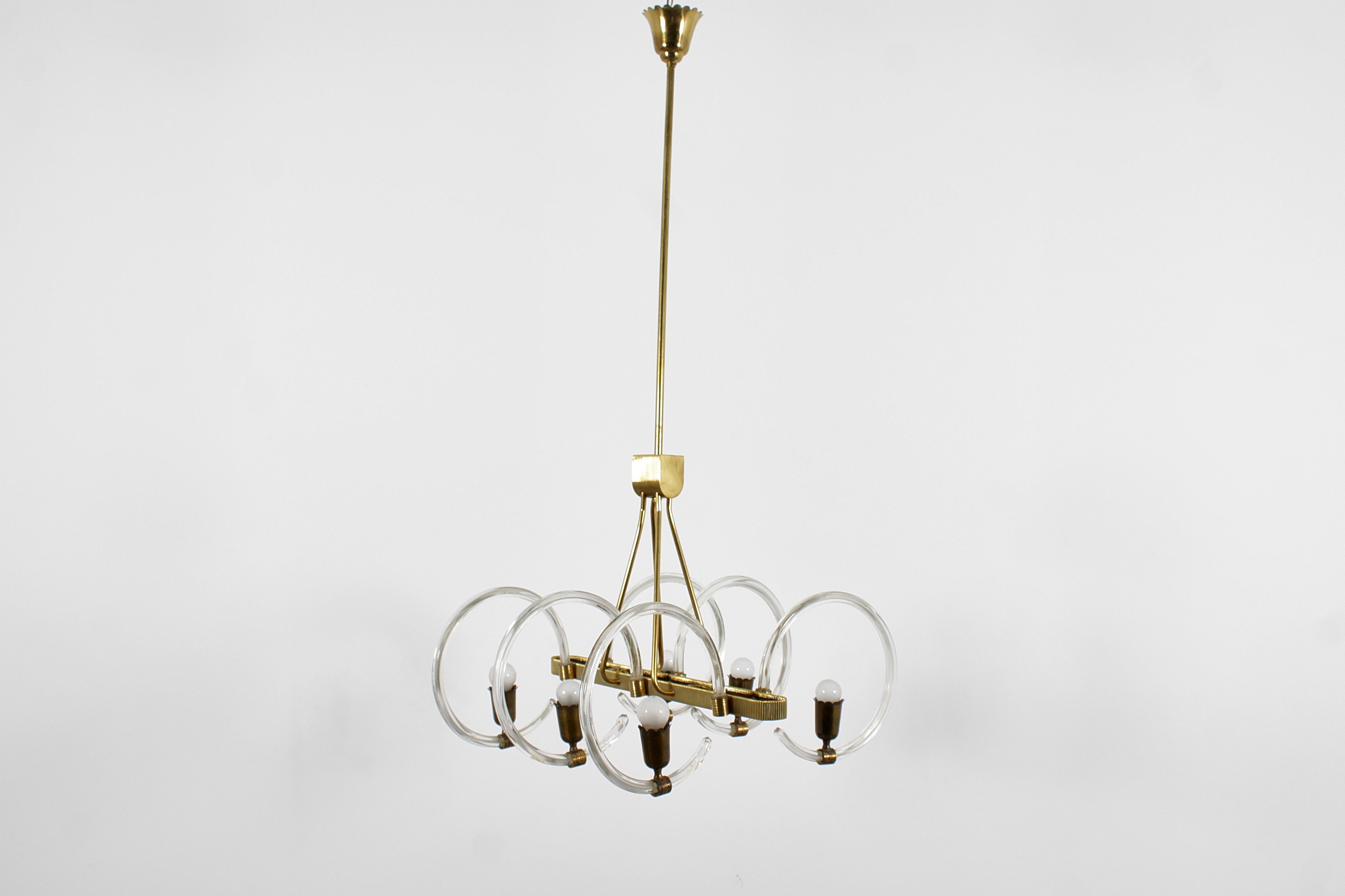 Mid-Century Barovier & Toso Murano Glass and Brass Chandelier 40s Italy In Good Condition For Sale In Palermo, IT
