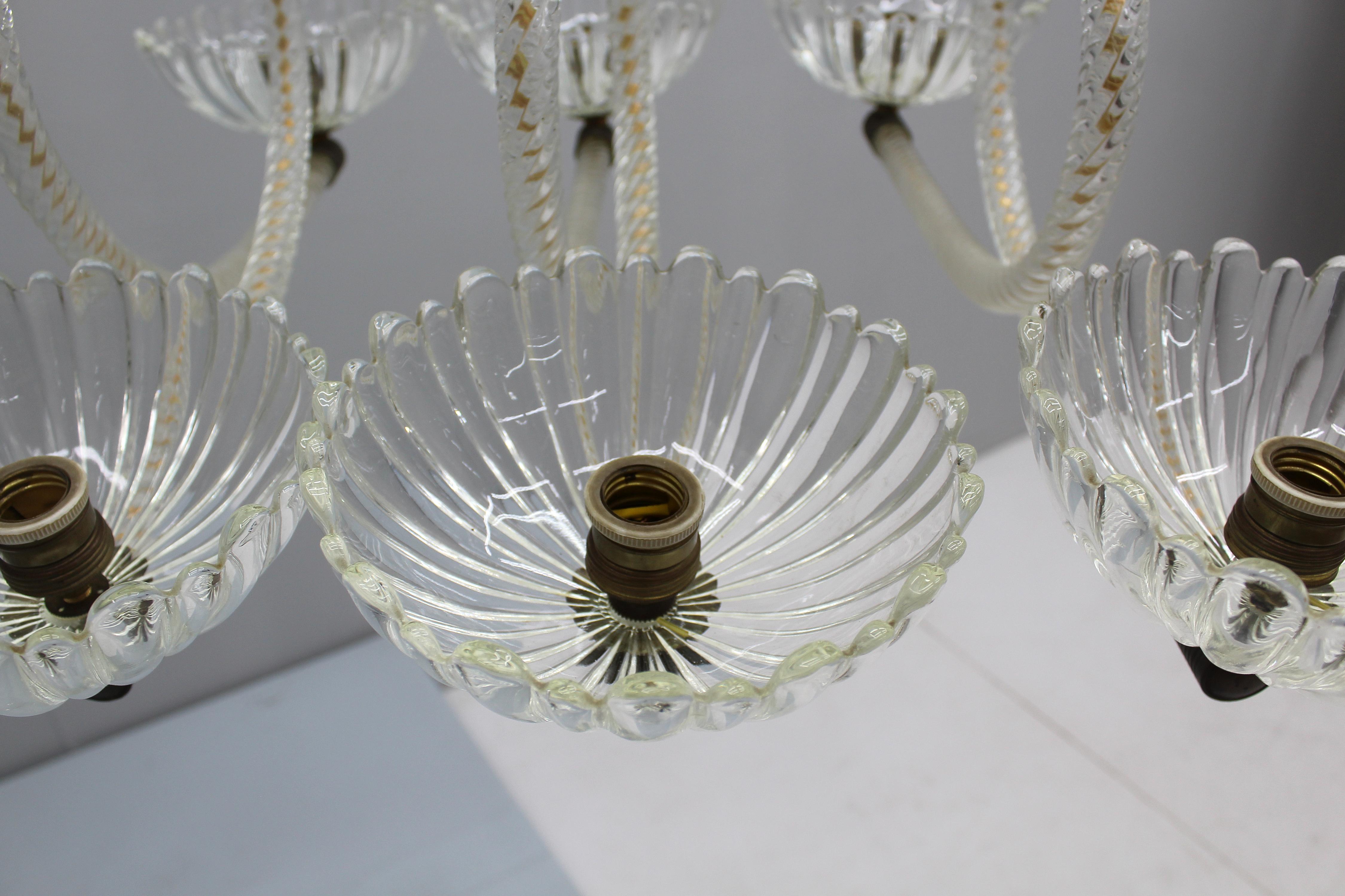 Mid-20th Century Mid-Century Barovier & Toso Murano Glass and Brass Chandelier 40s Italy
