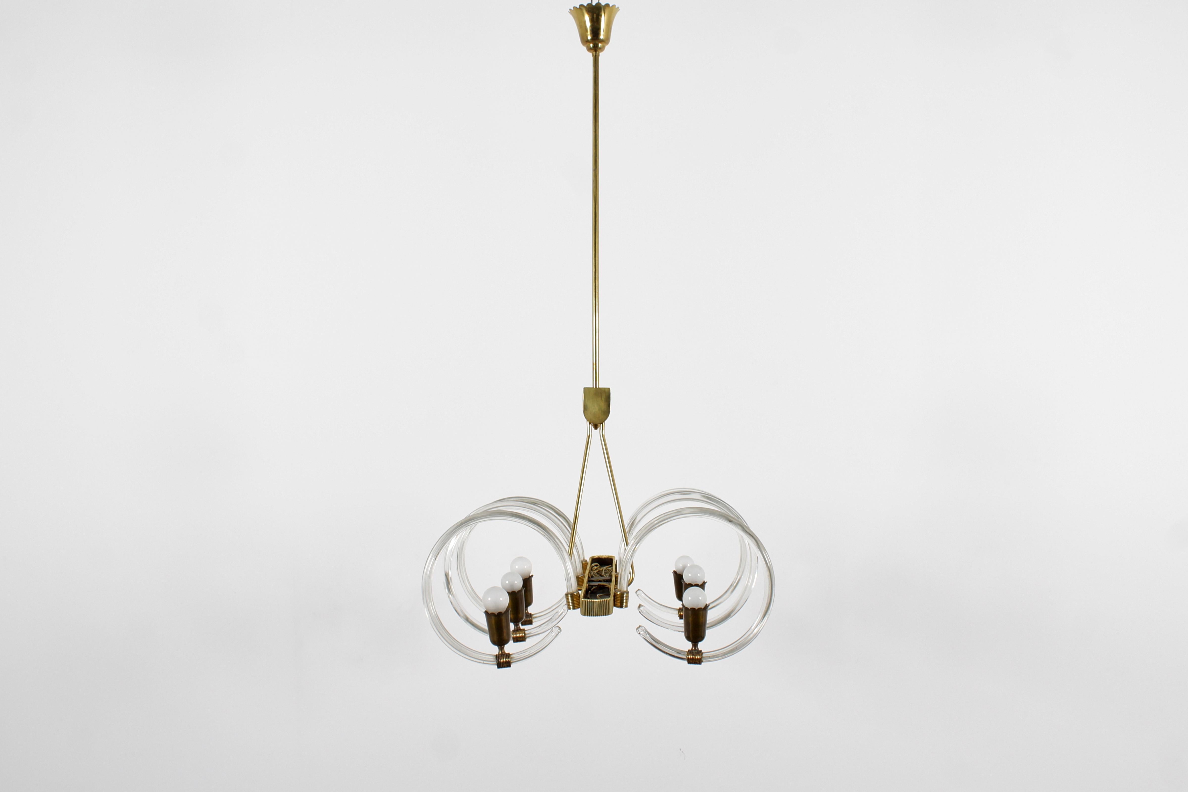 Mid-20th Century Mid-Century Barovier & Toso Murano Glass and Brass Chandelier 40s Italy For Sale