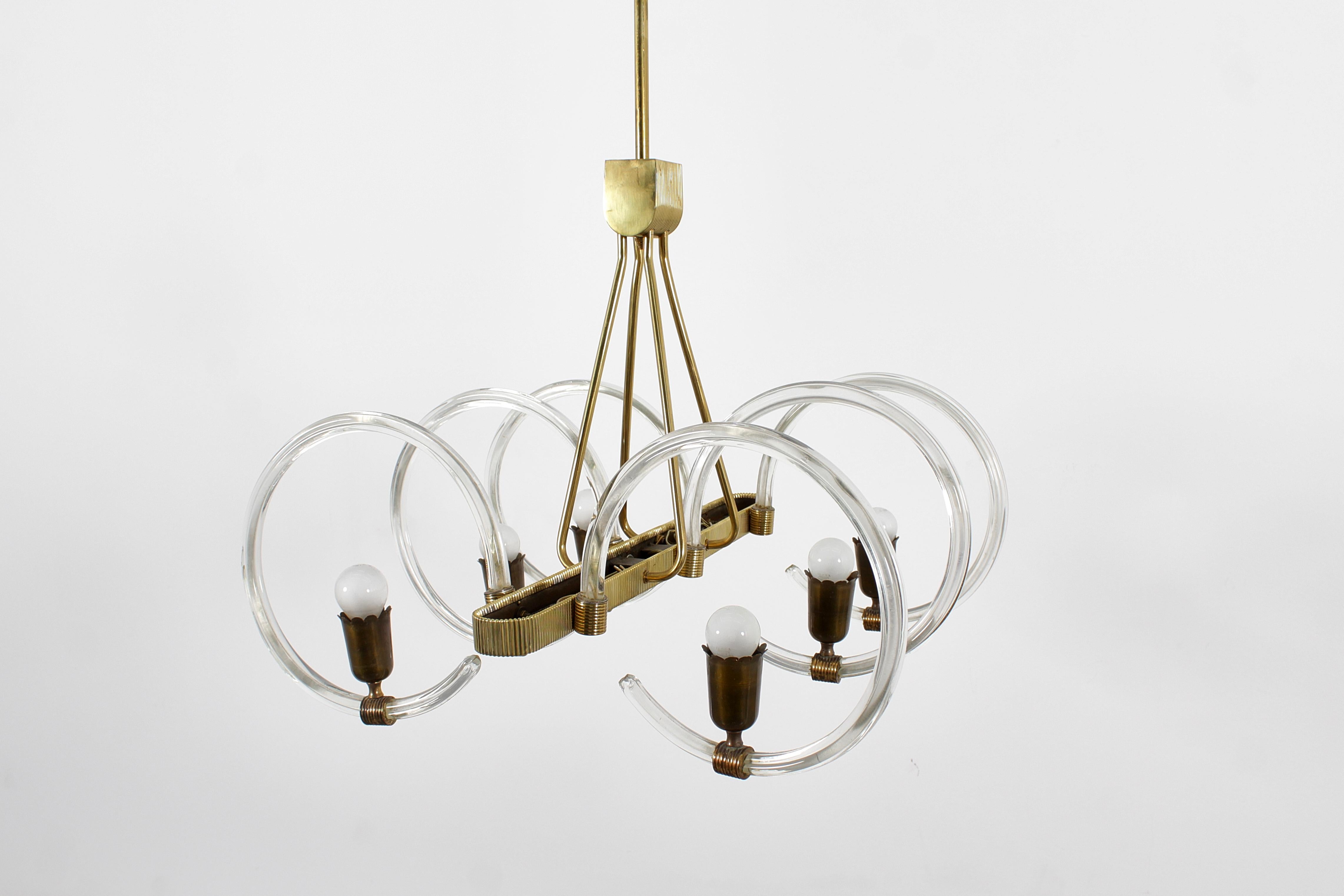 Mid-Century Barovier & Toso Murano Glass and Brass Chandelier 40s Italy For Sale 1