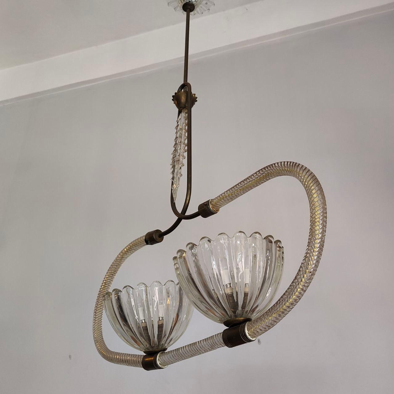 Lustre en verre de Murano et laiton Barovier&Toso Italie des années 40 en vente 1