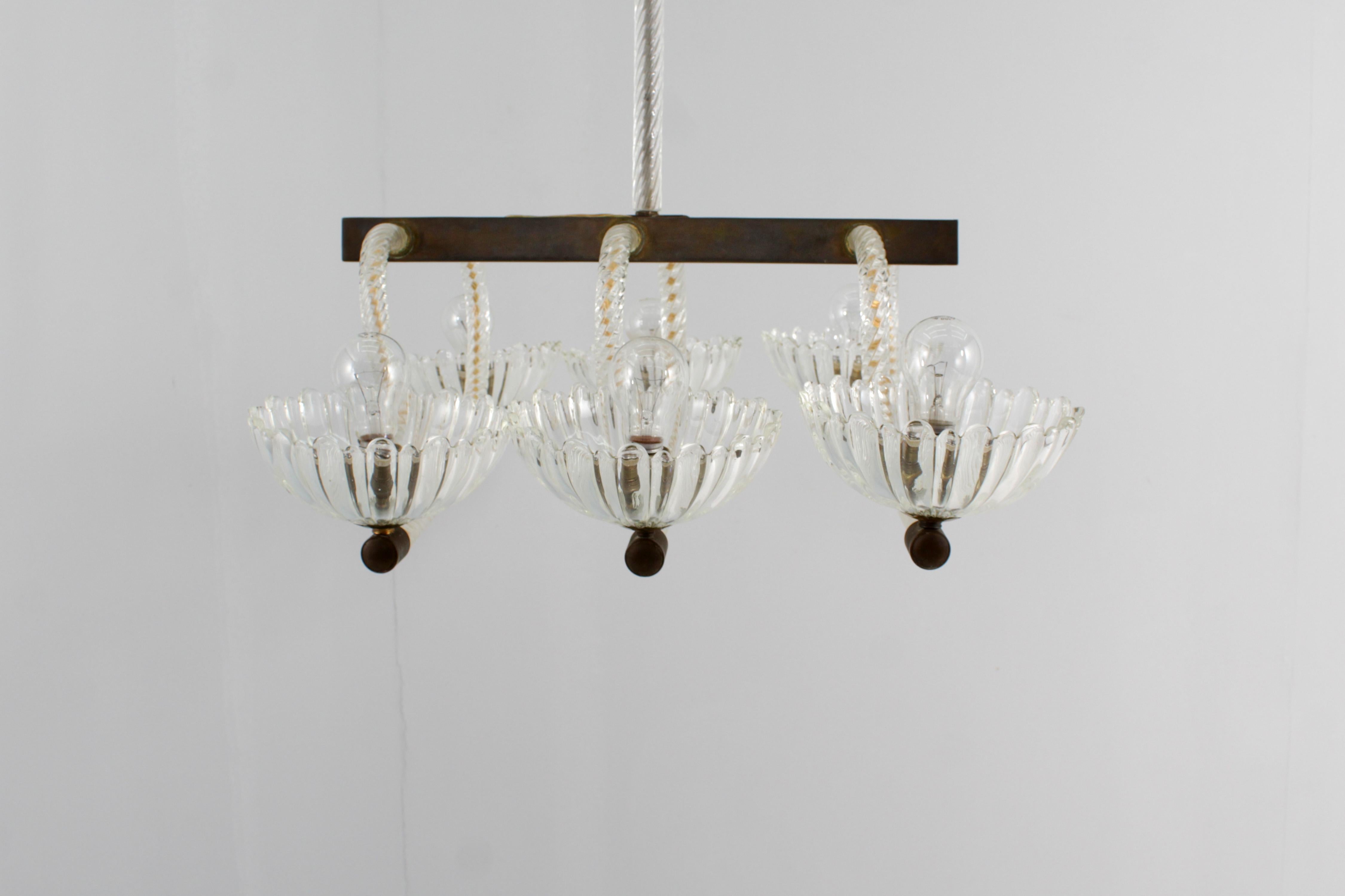 Mid-Century Barovier & Toso Murano Glass and Brass Chandelier 40s Italy 1