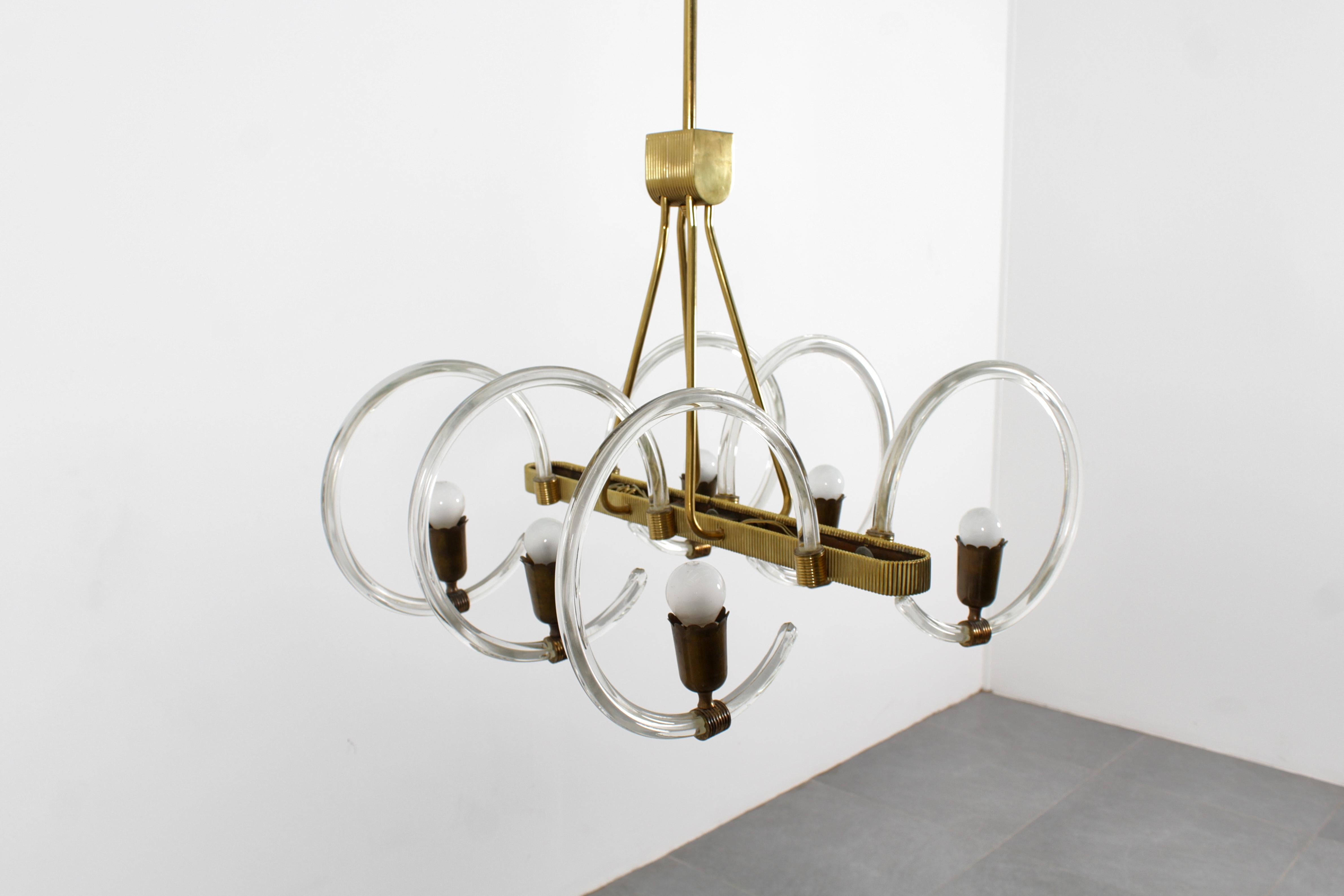 Mid-Century Barovier & Toso Murano Glass and Brass Chandelier 40s Italy For Sale 2