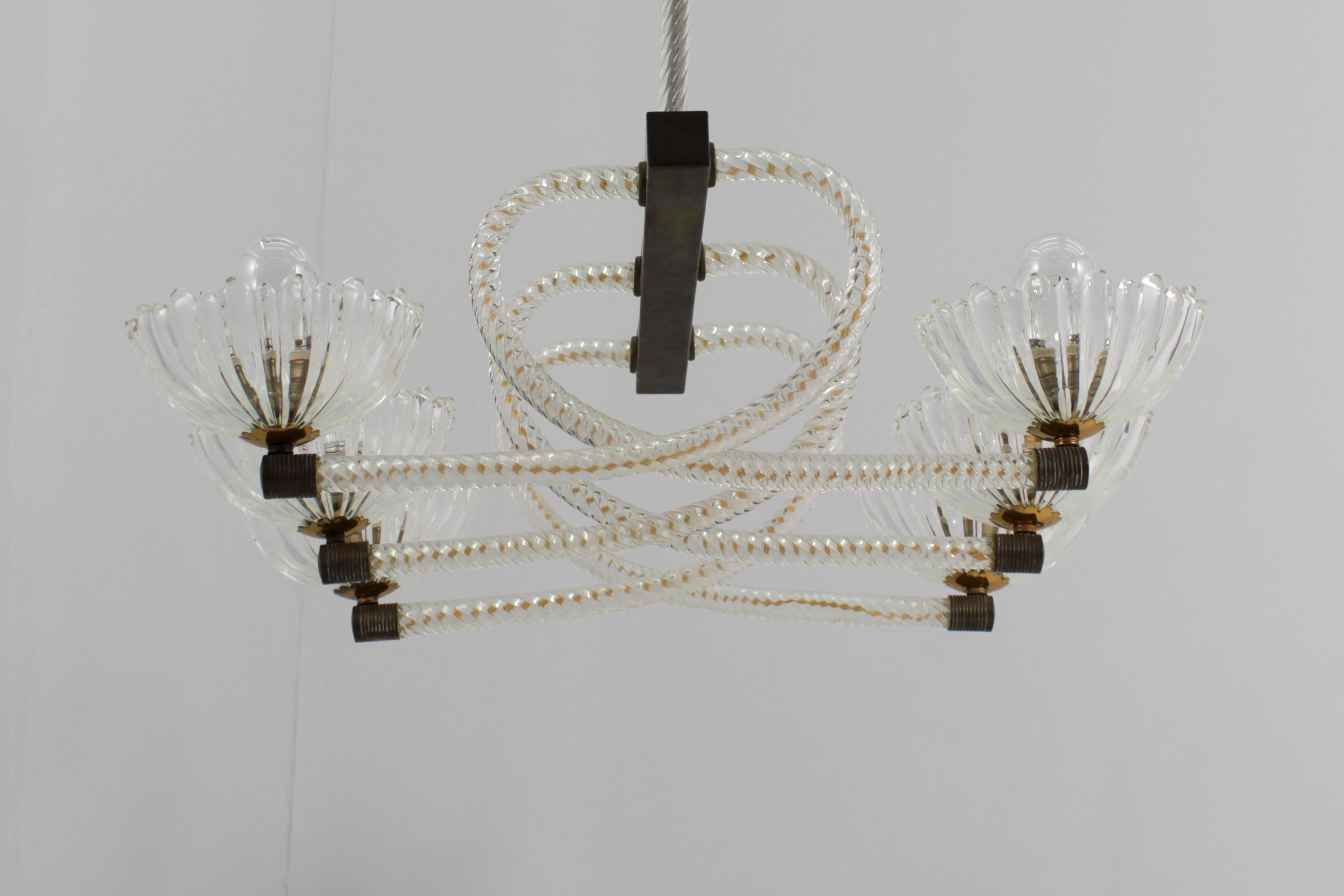 Mid-Century Barovier & Toso Murano Glass and Brass Chandelier 40s Italy 2