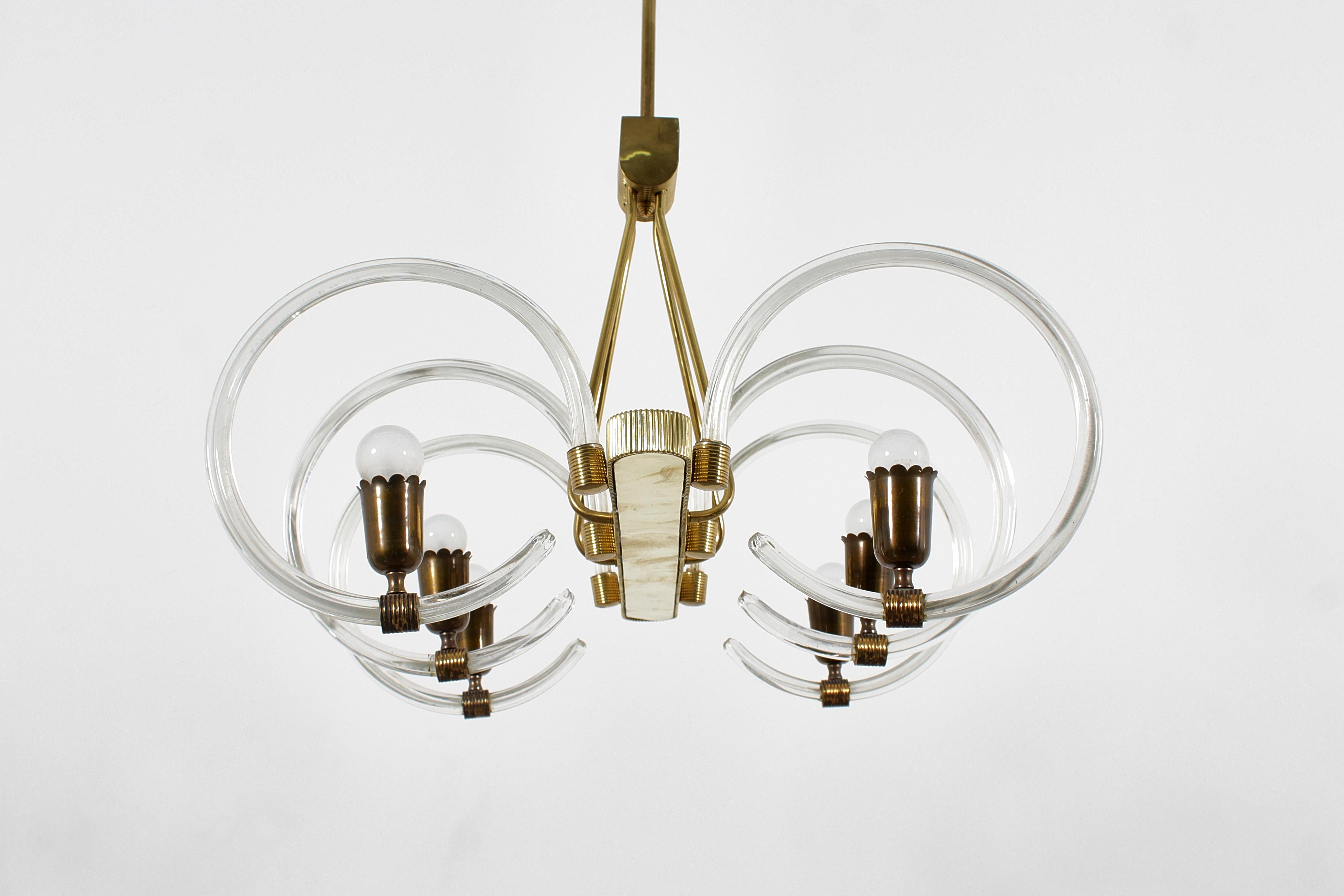 Mid-Century Barovier & Toso Murano Glass and Brass Chandelier 40s Italy For Sale 3