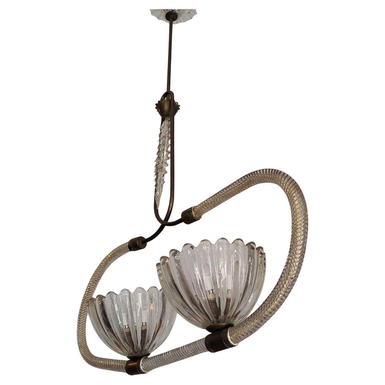 Mid-Century Barovier & Toso Murano Glass and Brass Chandelier 40s Italy