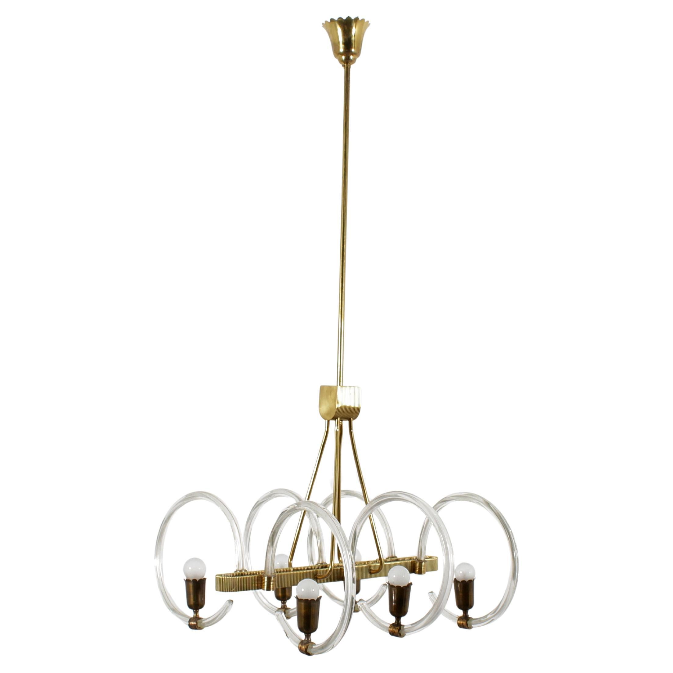 Mid-Century Barovier & Toso Murano Glass and Brass Chandelier 40s Italy For Sale