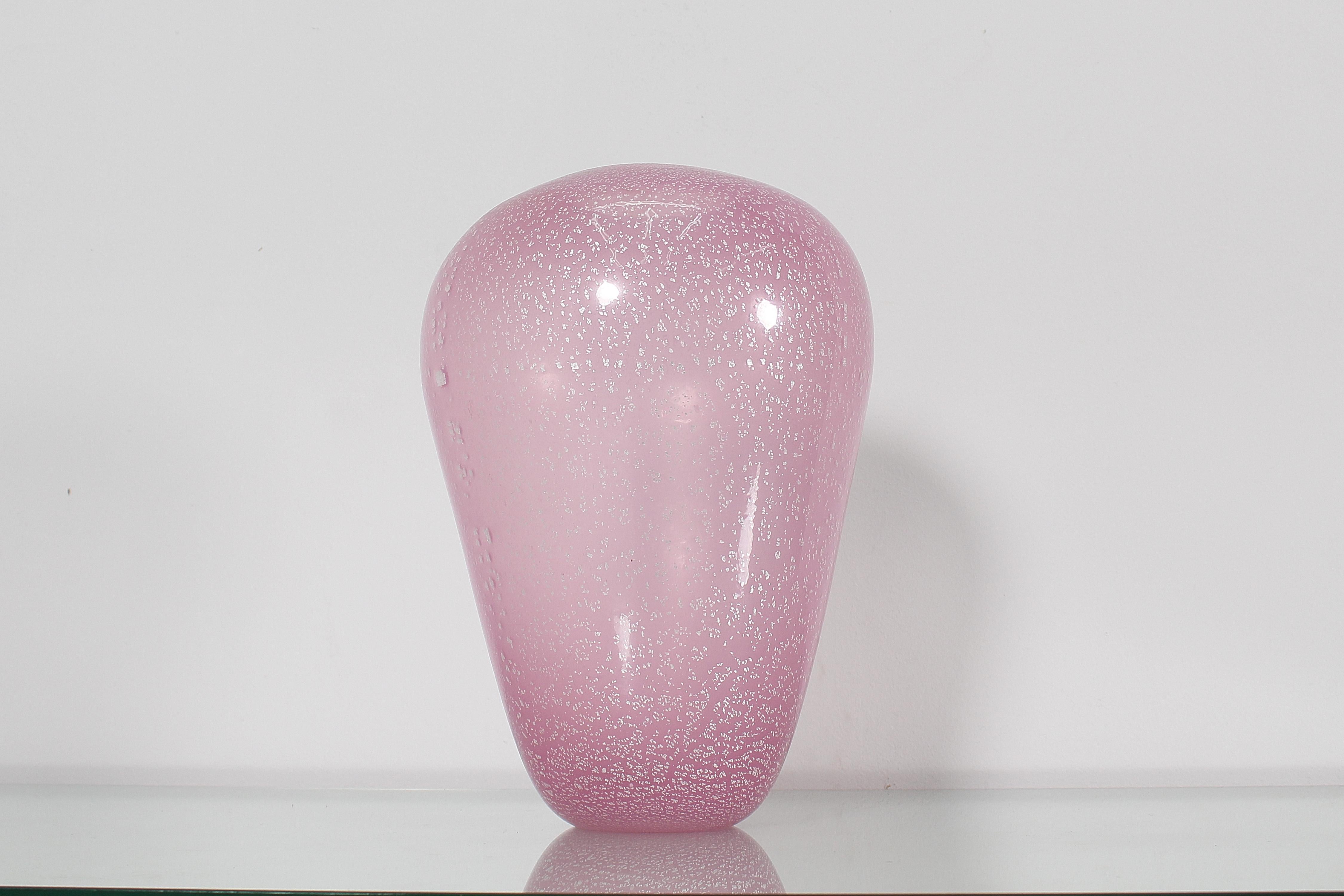 Mid-Century Modern Midcentury Barovier & Toso Pink Murano Glass Vase with Silver Leaf 70s Italy