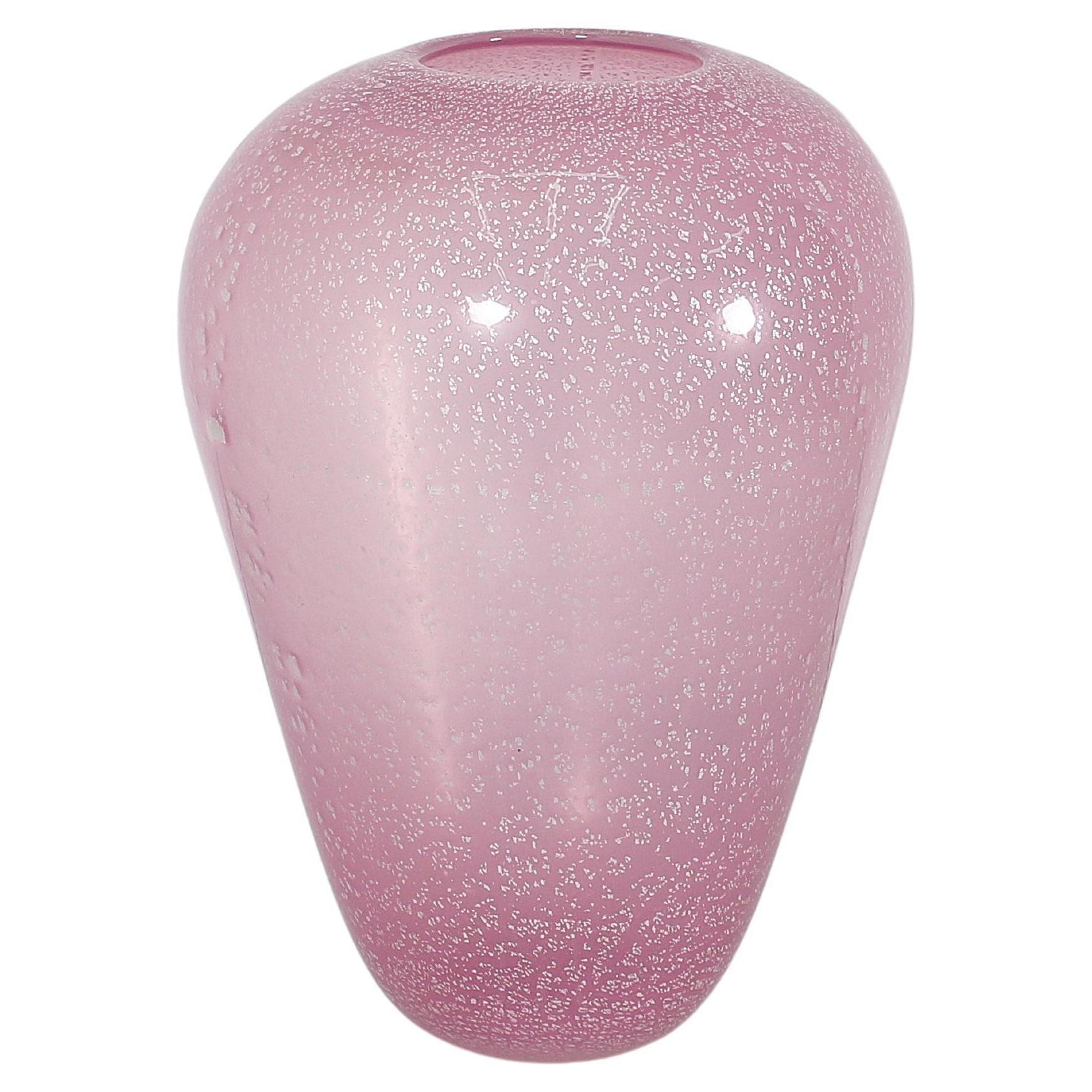 Midcentury Barovier & Toso Pink Murano Glass Vase with Silver Leaf 70s Italy For Sale