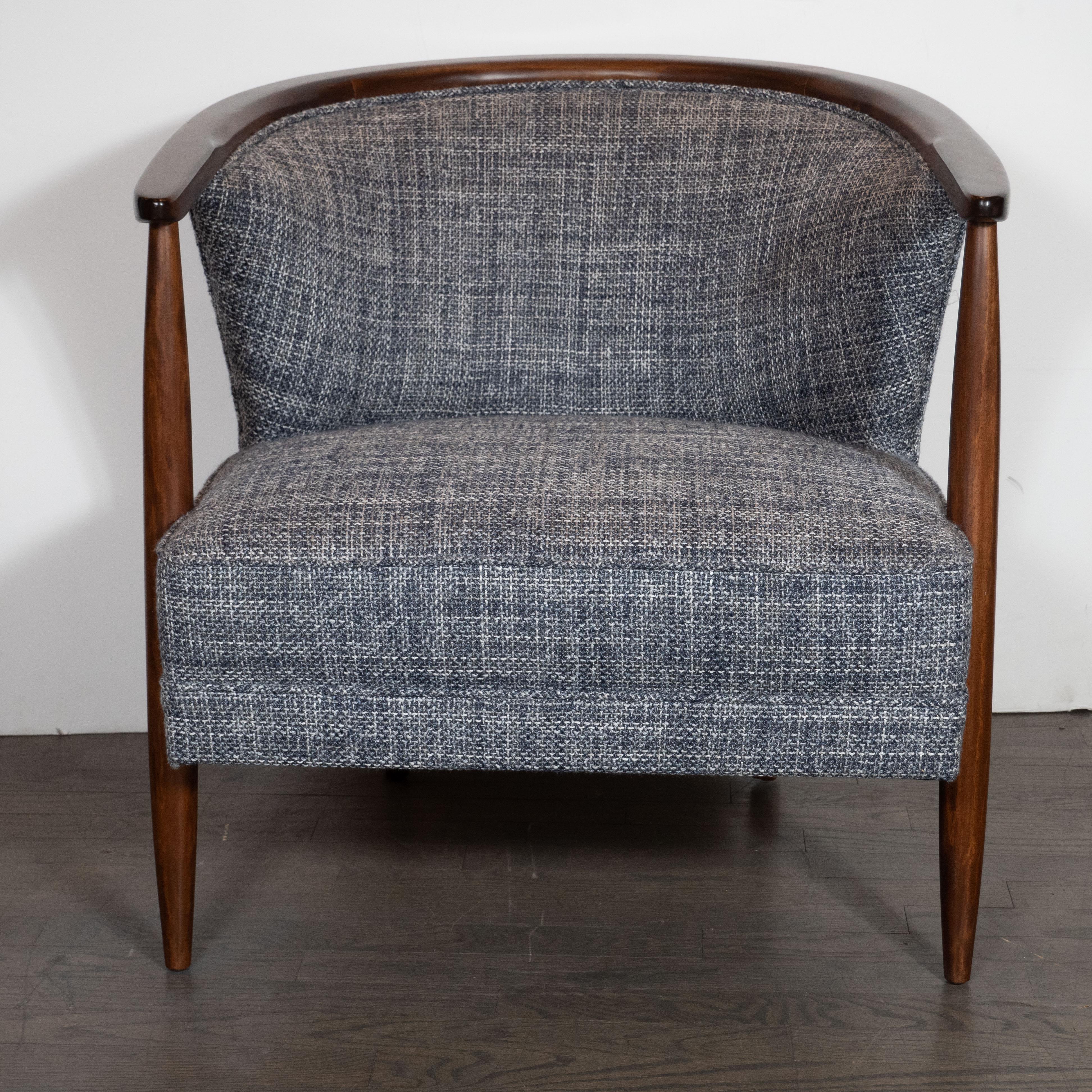 Mid-Century Modern Midcentury Barrel Back Chairs in Handrubbed Walnut with Rectilinear Upholstery