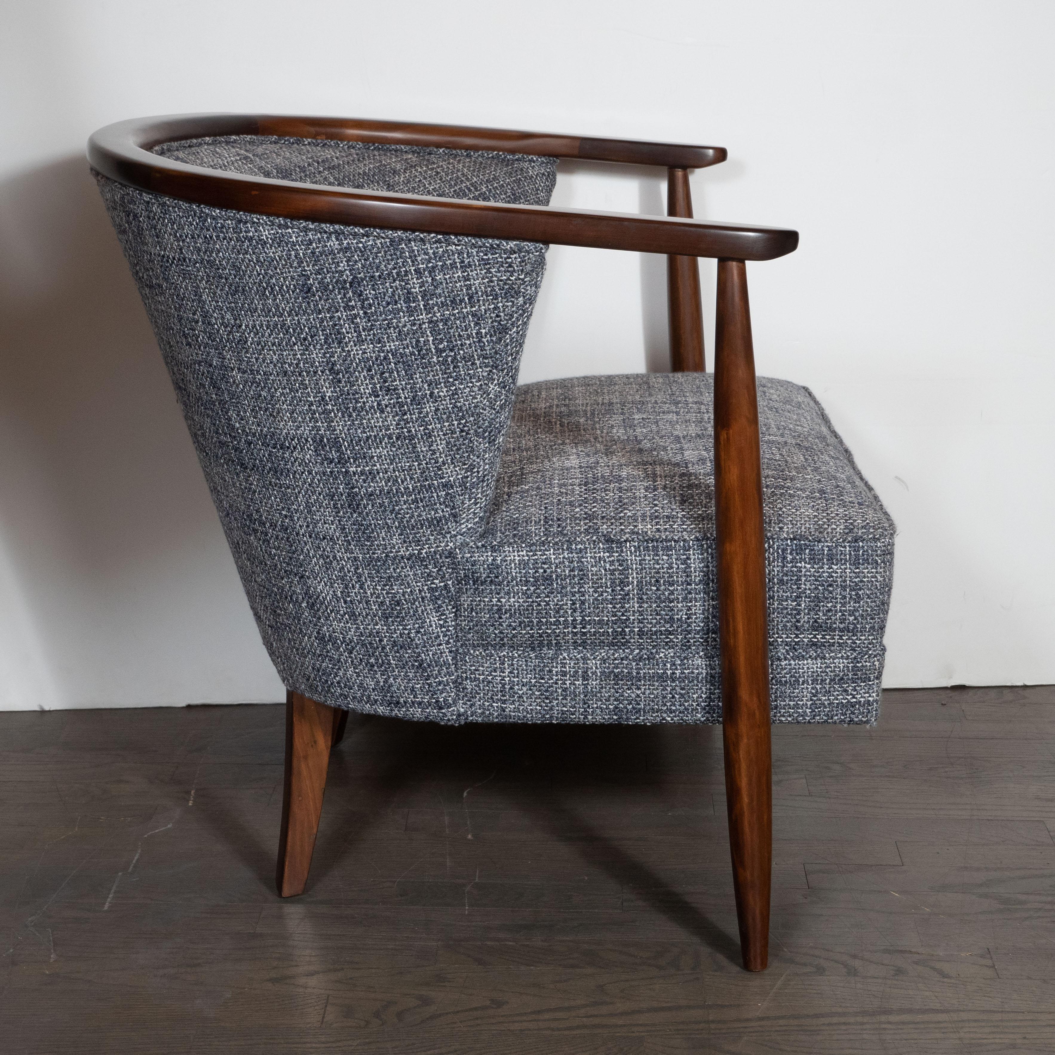 American Midcentury Barrel Back Chairs in Handrubbed Walnut with Rectilinear Upholstery