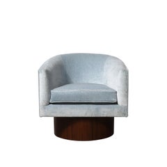 Mid-Century Barrel Back Walnut Base Swivel Club Chairs by Milo Baughman