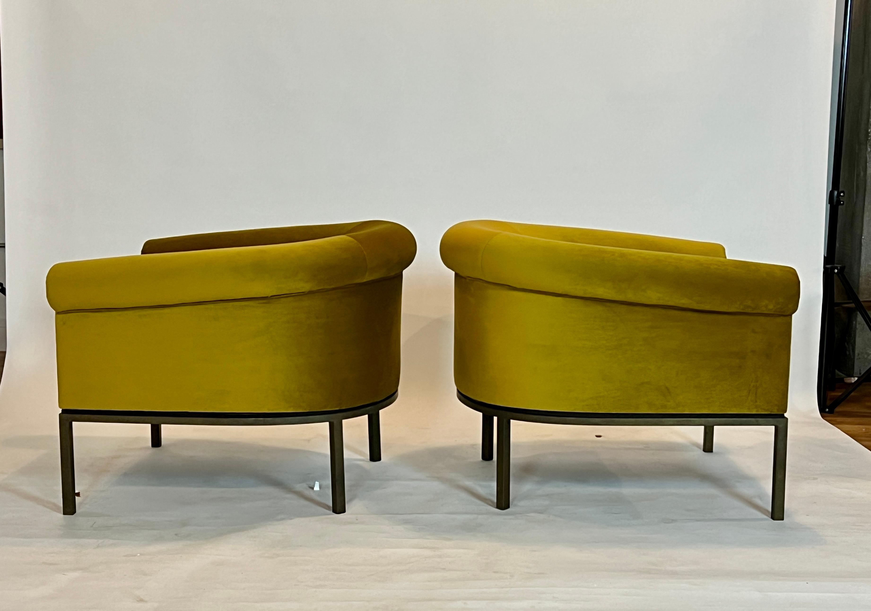 Metal Mid-Century Barrel Chairs by Metropolitan in Green Velvet