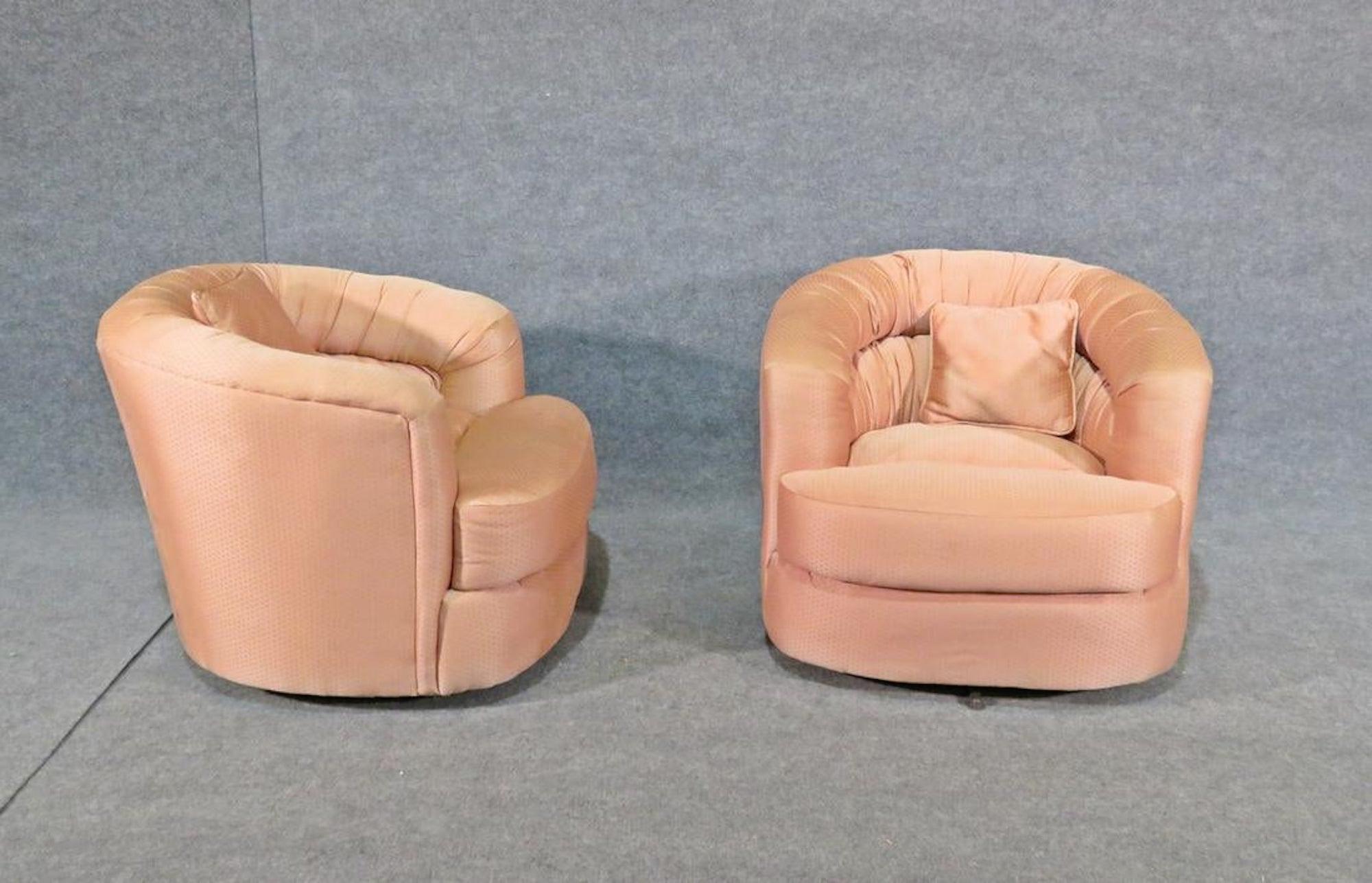 Milo Baughman style barrel back swivel chairs.
(Please confirm item location - NY or NJ - with dealer).
 