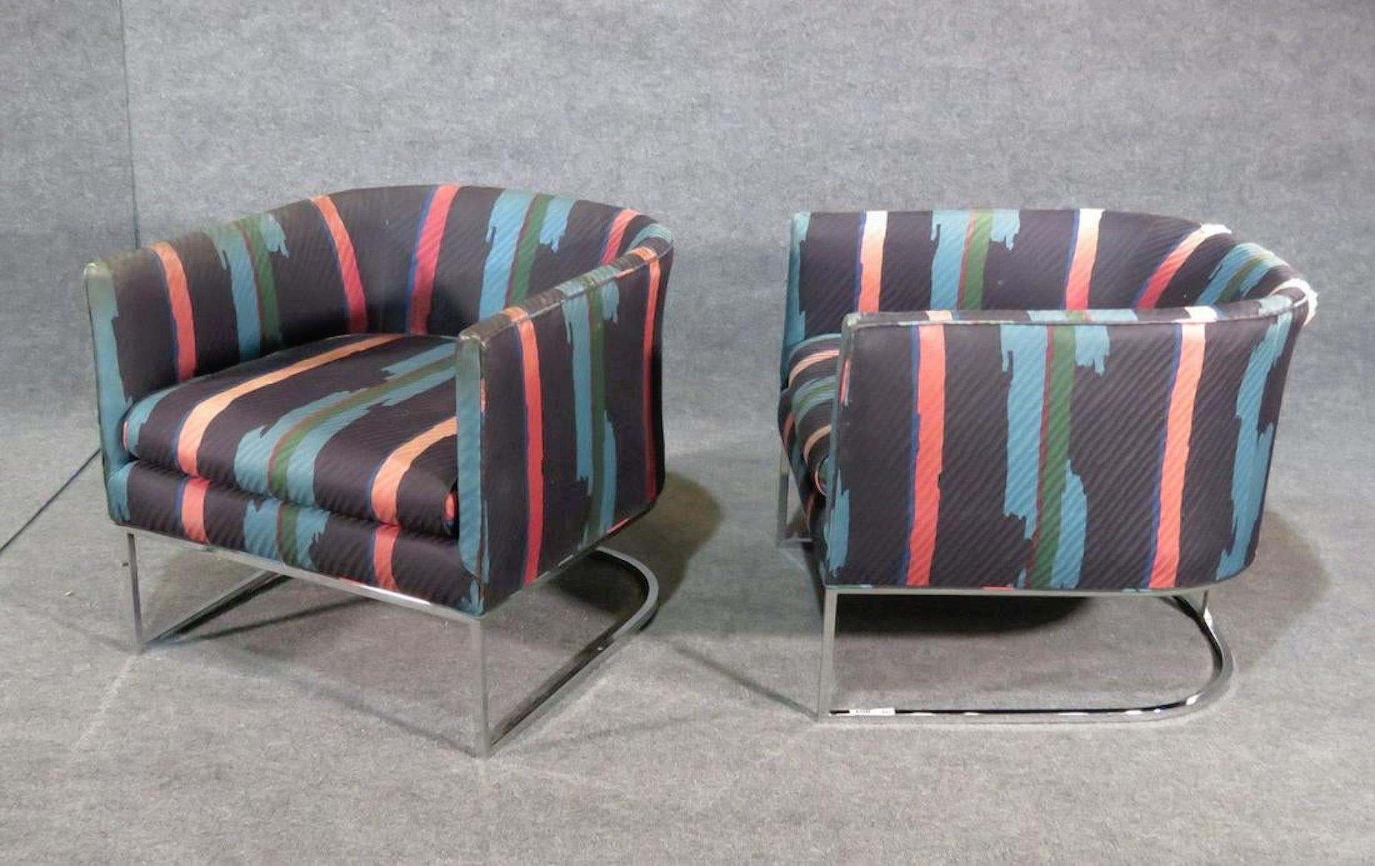 Pair of round Milo Baughman style lounge chairs with polished chrome base.
(Please confirm item location - NY or NJ - with dealer).
  