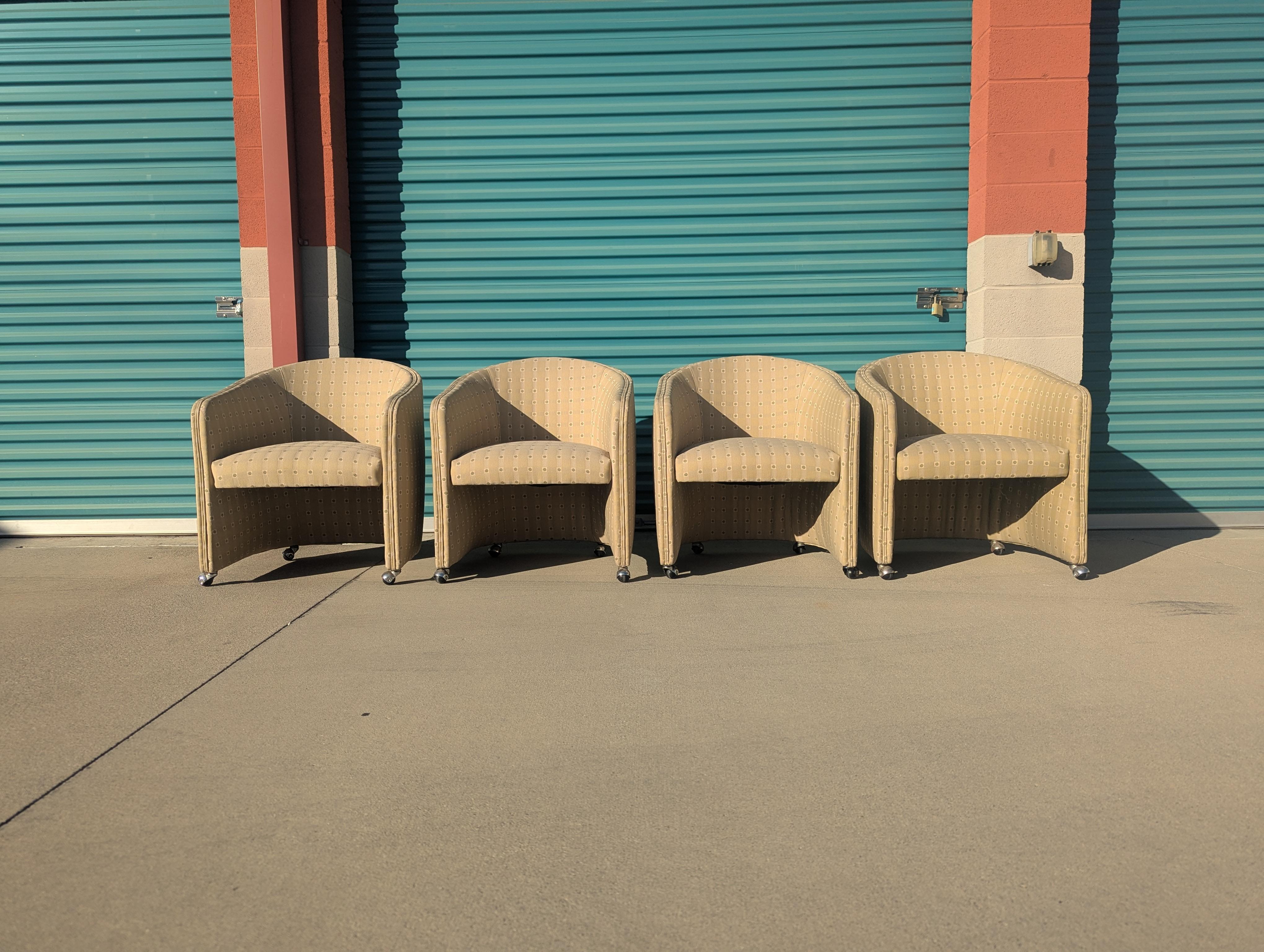 Fabric Mid Century Barrel Chairs on Casters, c1970s For Sale