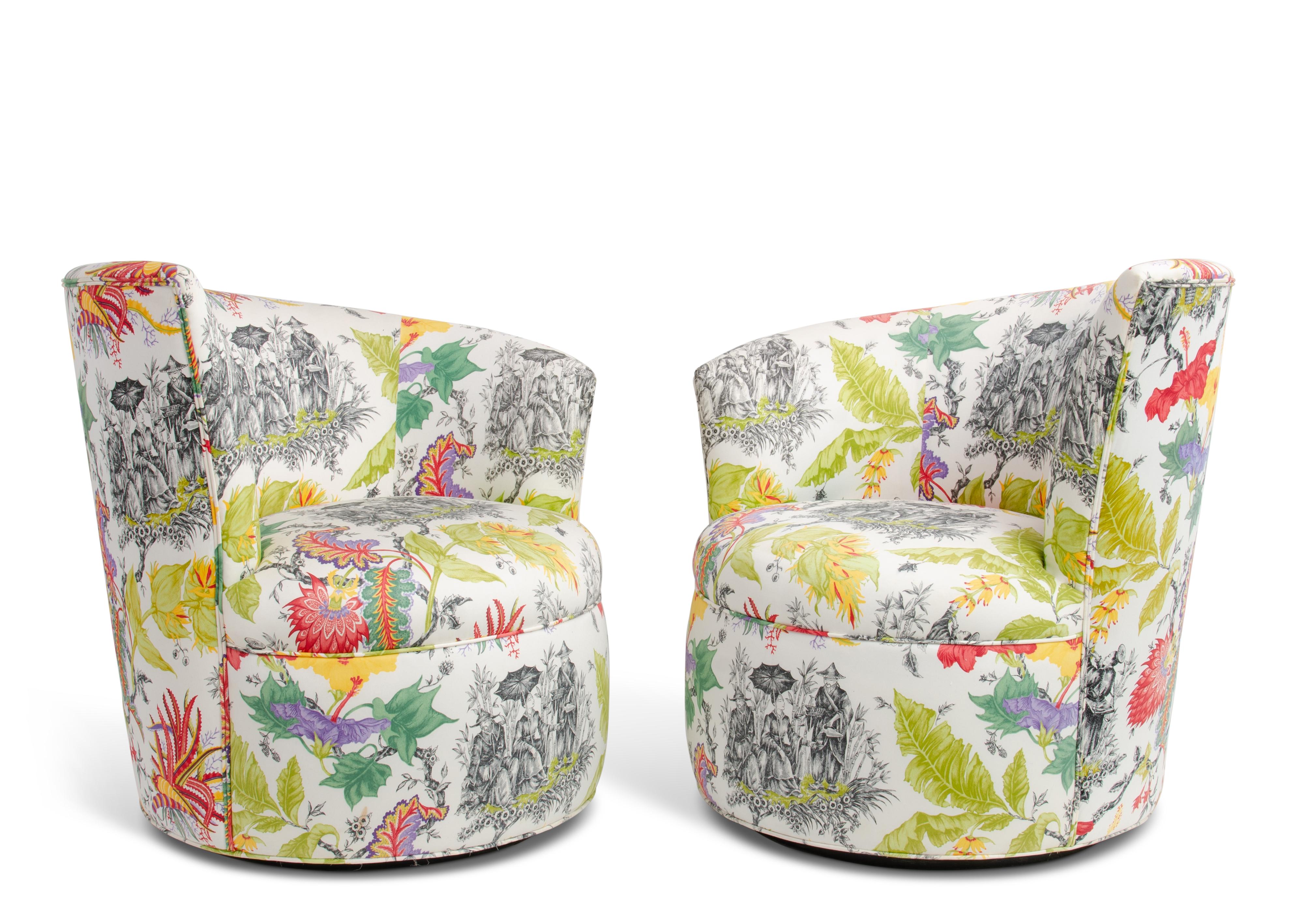 Late 20th Century Mid Century Barrel Swivel Lounge Chairs Baughman Chinoiserie, a Pair For Sale