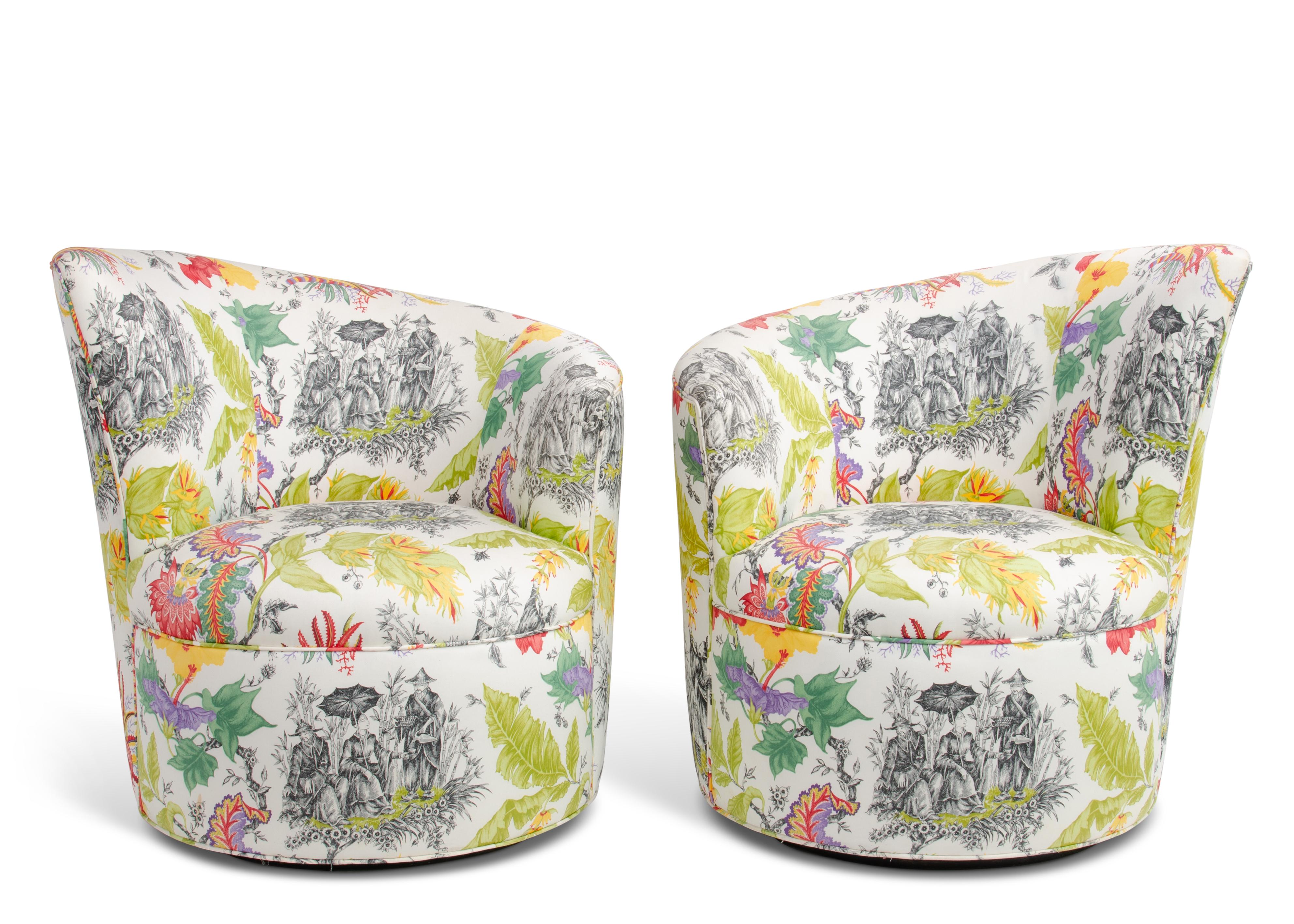 Fabric Mid Century Barrel Swivel Lounge Chairs Baughman Chinoiserie, a Pair For Sale