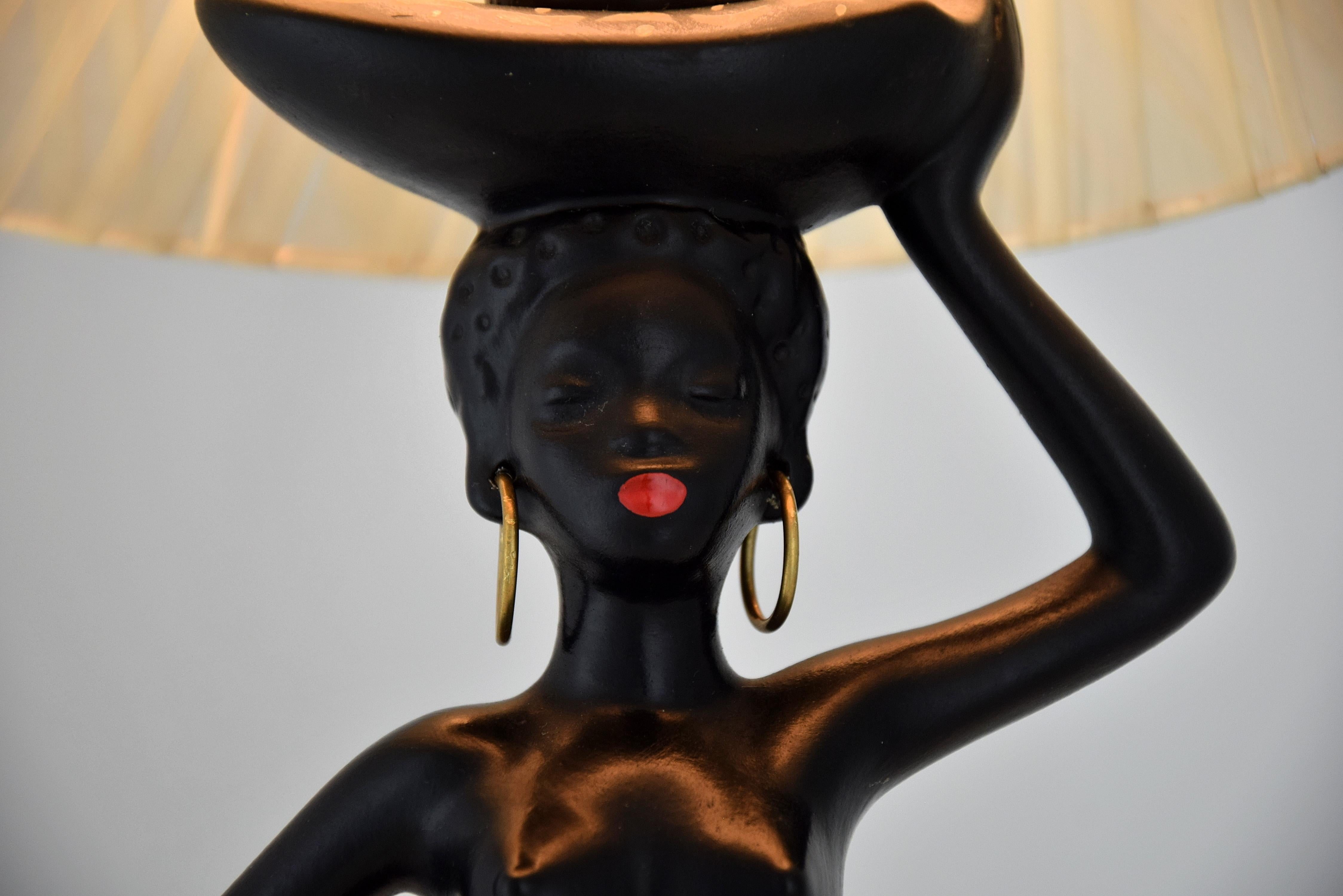 Ceramic Midcentury Barsony Black Female Figure Table Lamp For Sale