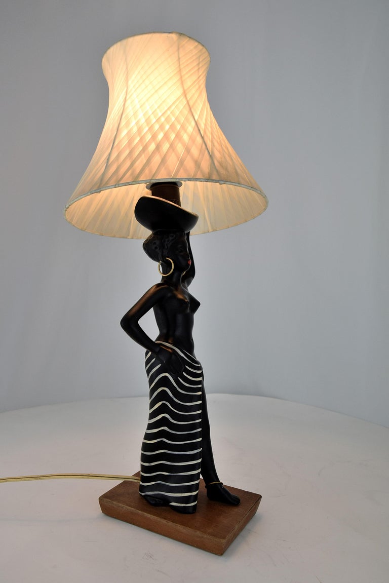 Midcentury Barsony Black Female Figure Table Lamp For Sale at 1stDibs