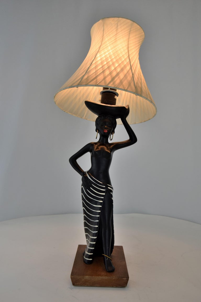 Midcentury Barsony Black Female Figure Table Lamp For Sale at 1stDibs
