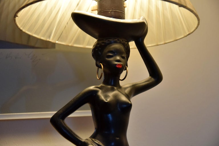 Midcentury Barsony Black Female Figure Table Lamp For Sale at 1stDibs