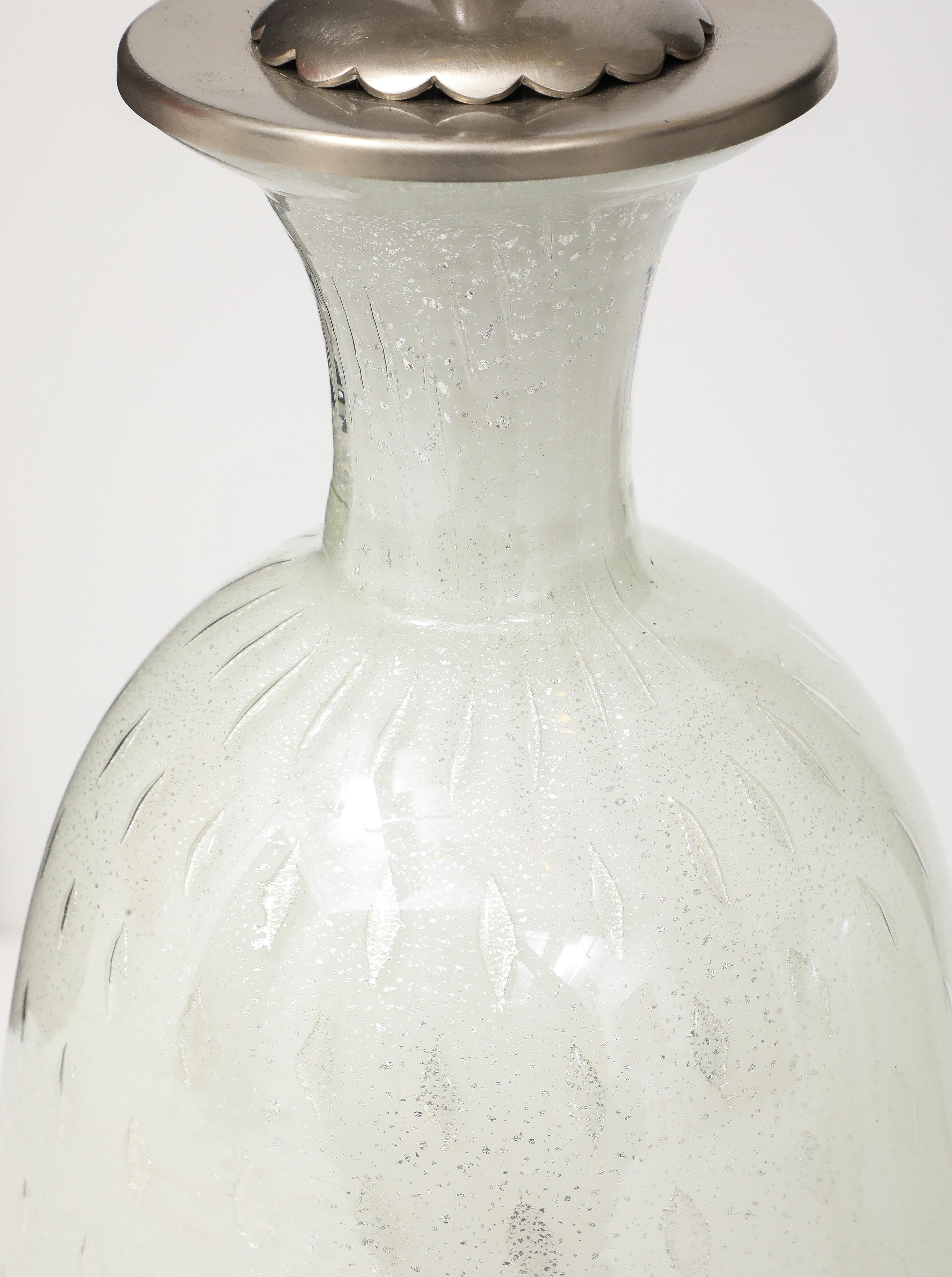 Mid Century, Barvoier White Murano/Silver inclusions Glass Lamps For Sale 6