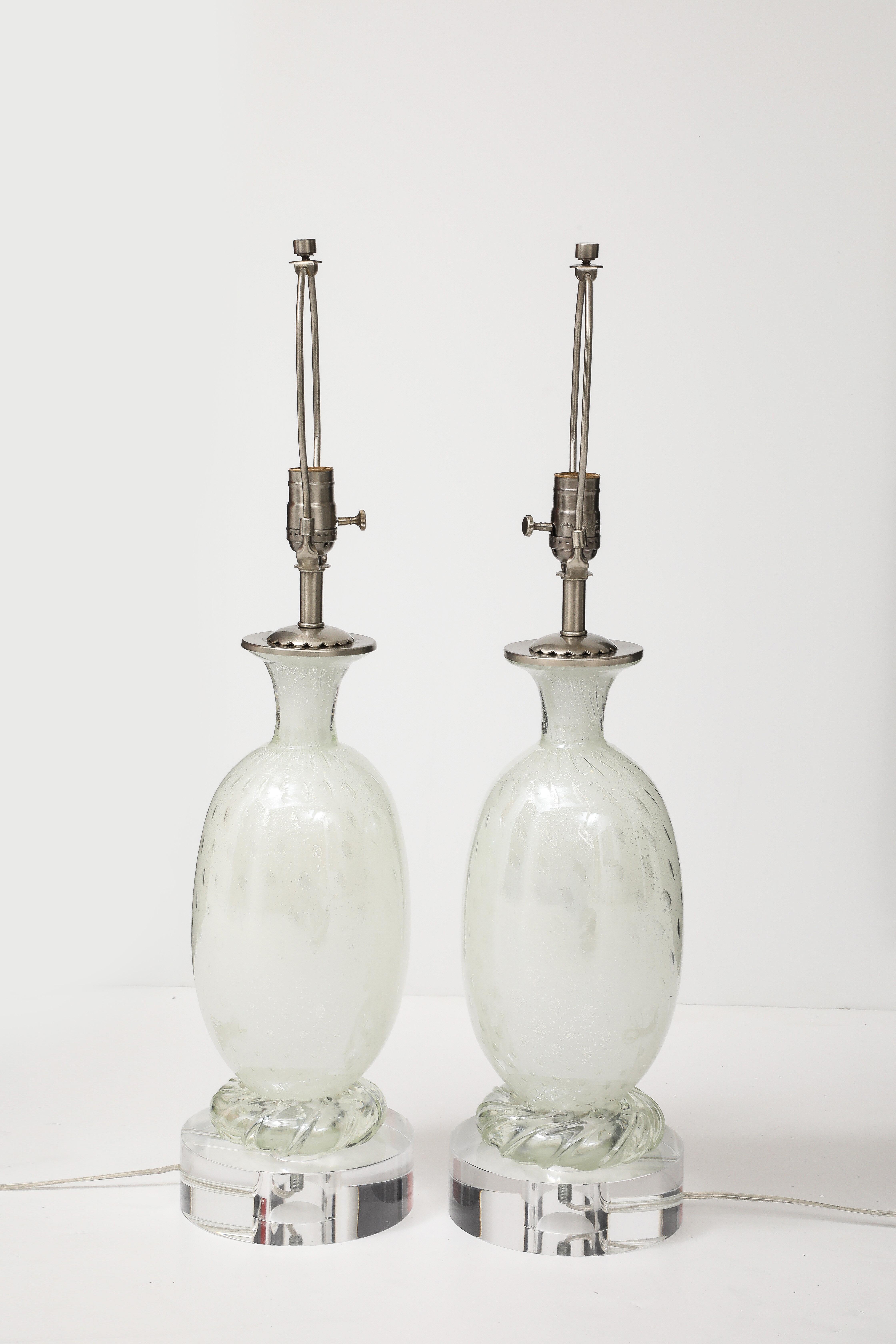 Mid-Century Modern Mid Century, Barvoier White Murano/Silver inclusions Glass Lamps For Sale
