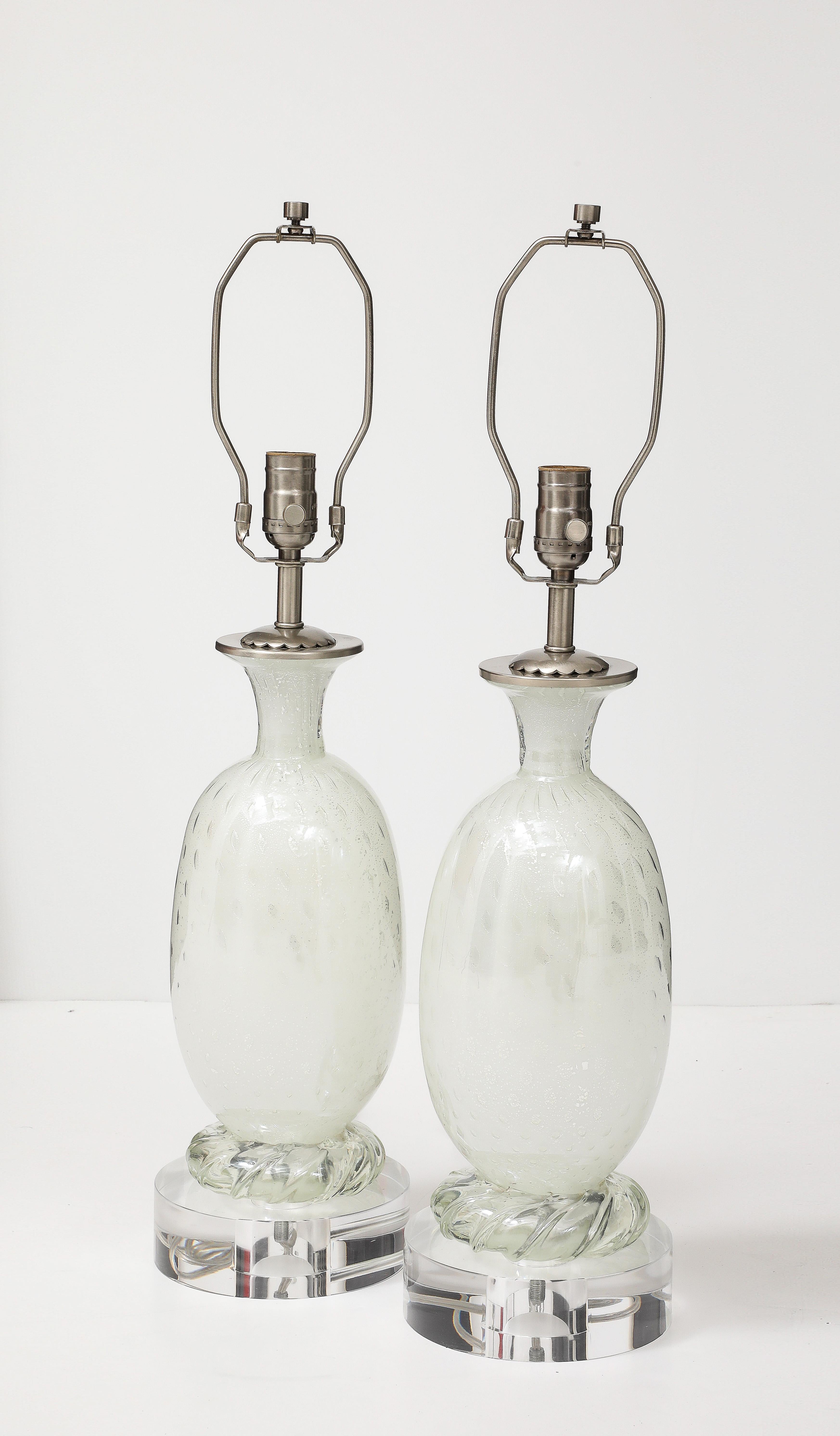 Italian Mid Century, Barvoier White Murano/Silver inclusions Glass Lamps For Sale