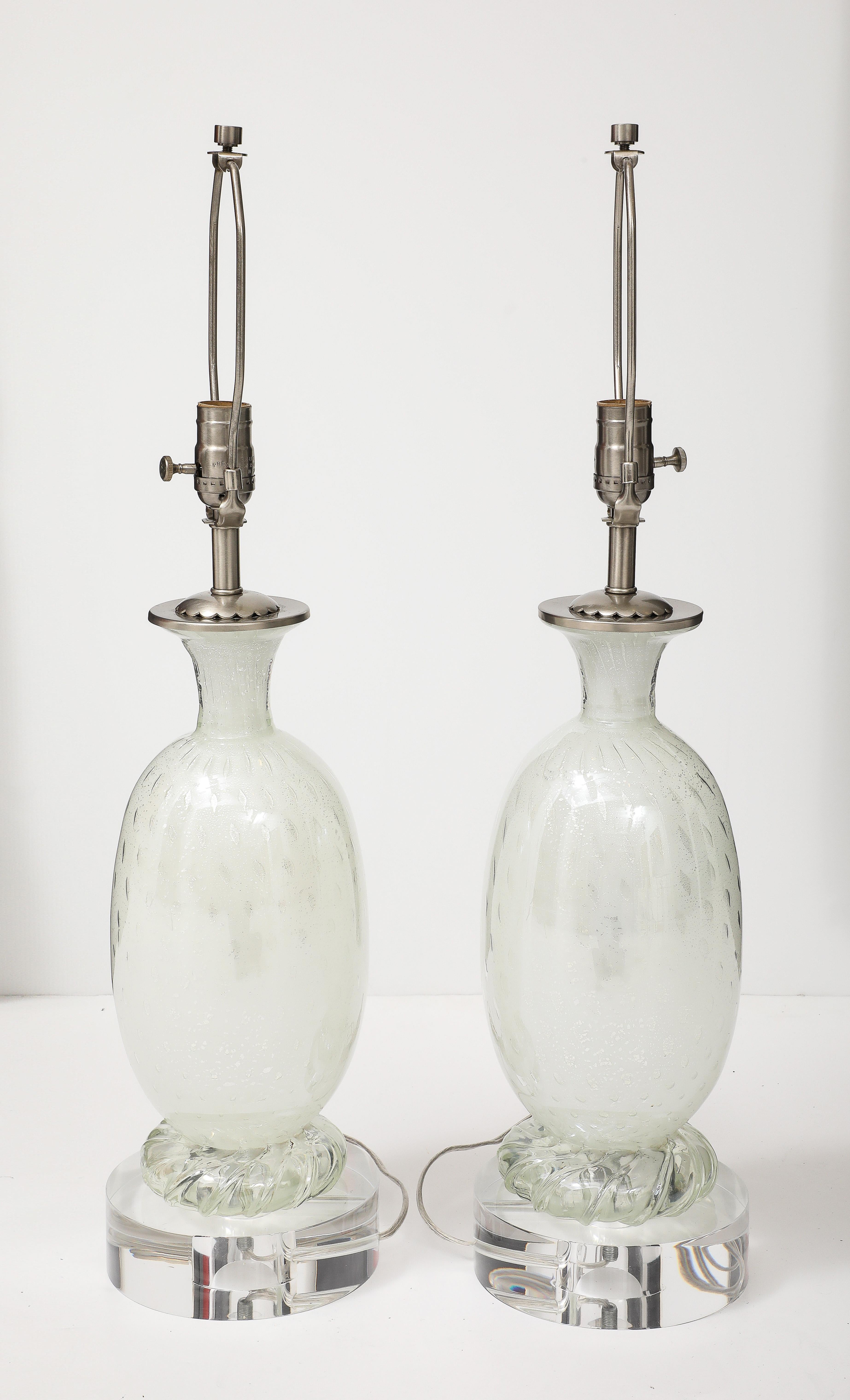Mid Century, Barvoier White Murano/Silver inclusions Glass Lamps In Excellent Condition For Sale In New York, NY