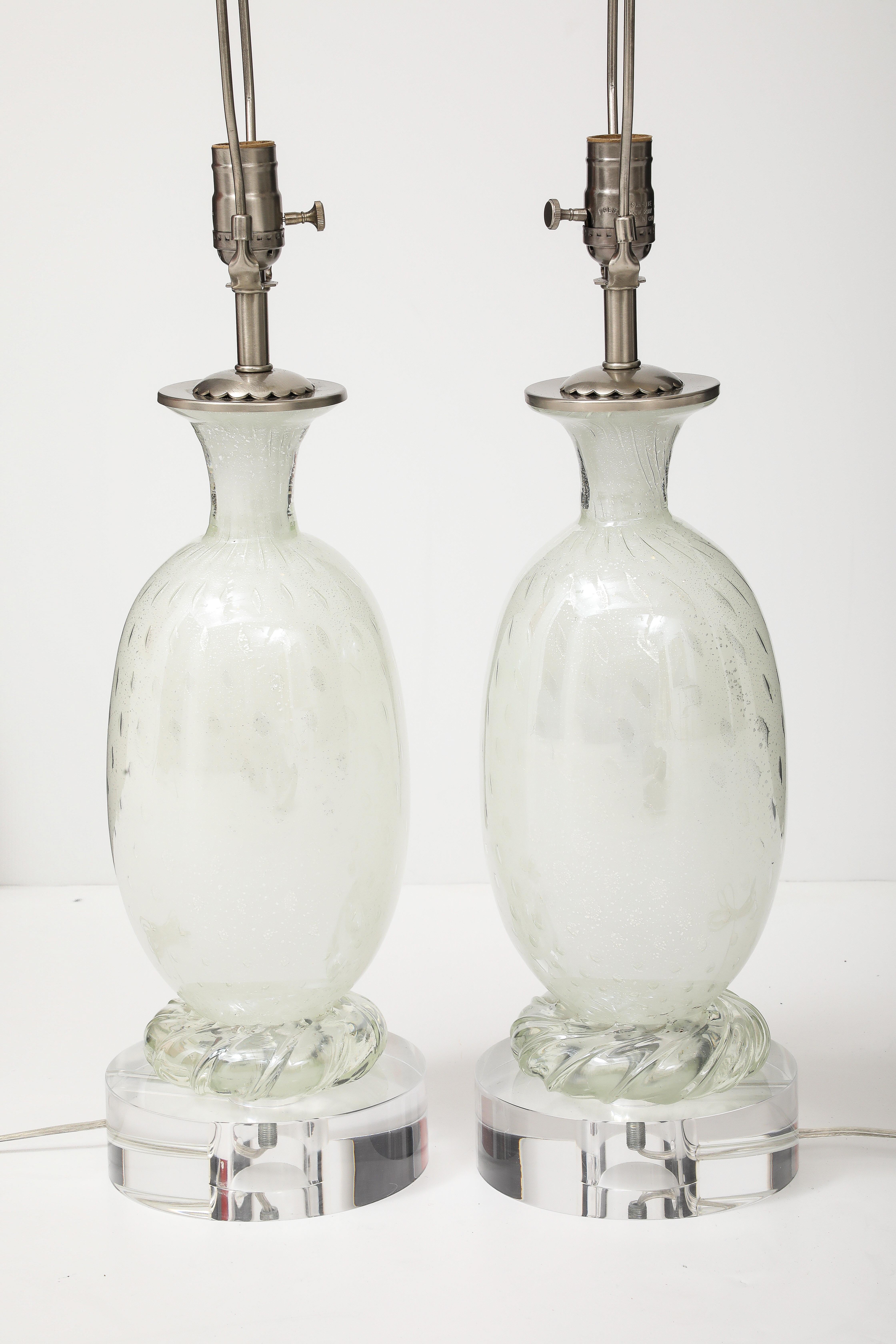 20th Century Mid Century, Barvoier White Murano/Silver inclusions Glass Lamps For Sale