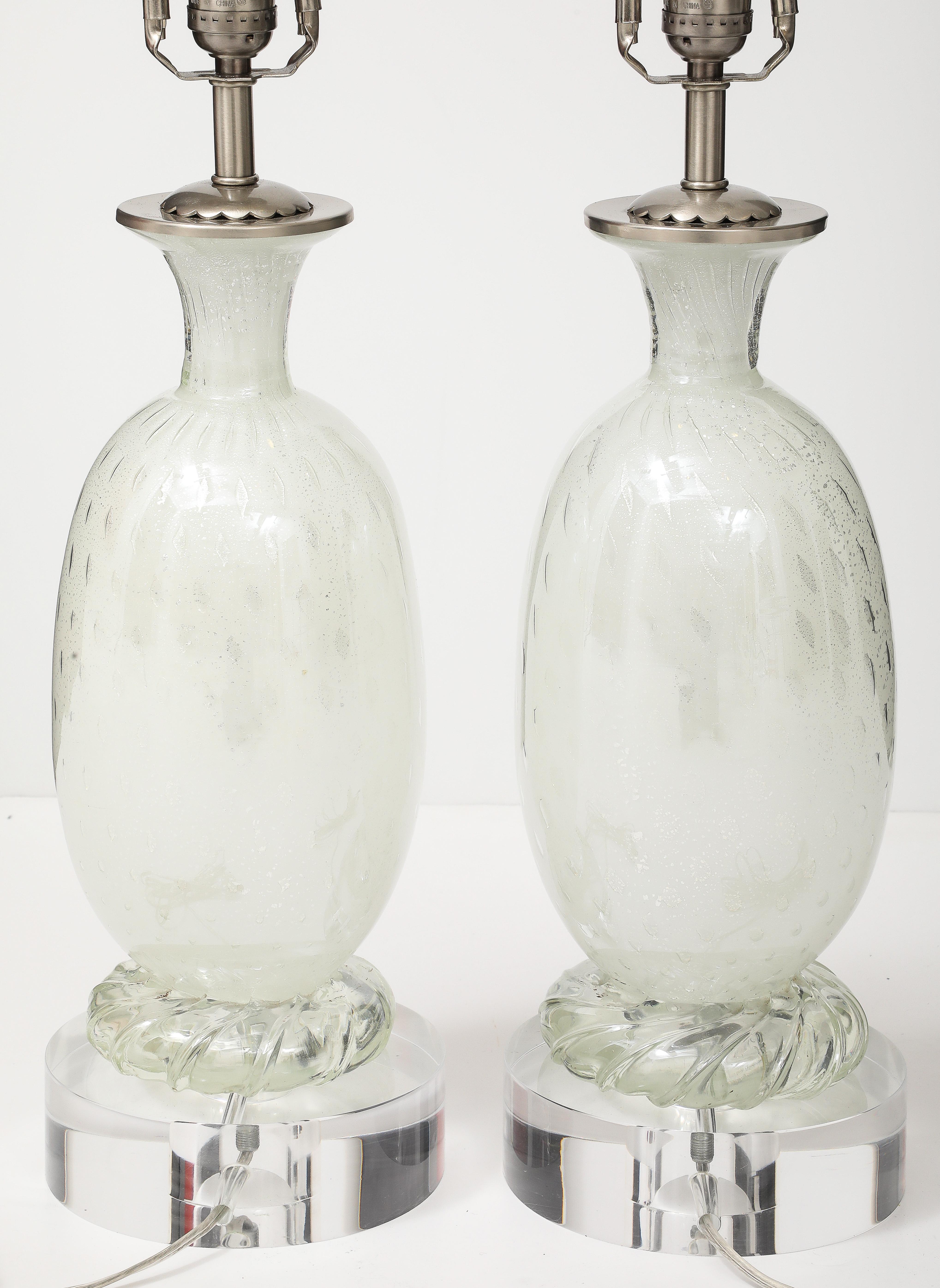 Murano Glass Mid Century, Barvoier White Murano/Silver inclusions Glass Lamps For Sale