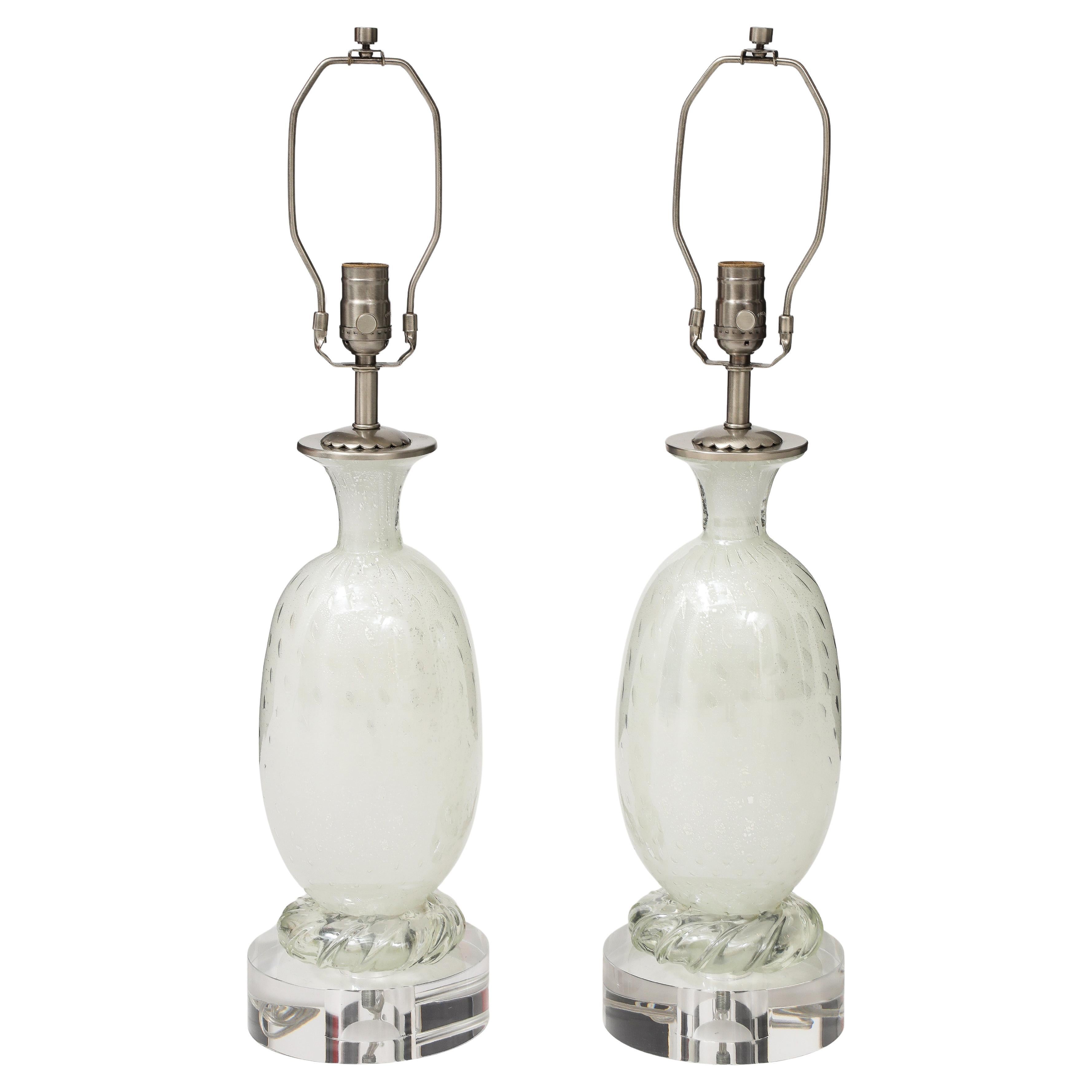 Mid Century, Barvoier White Murano/Silver inclusions Glass Lamps For Sale