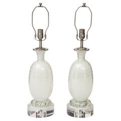 Mid Century, Barvoier White Murano/Silver inclusions Glass Lamps