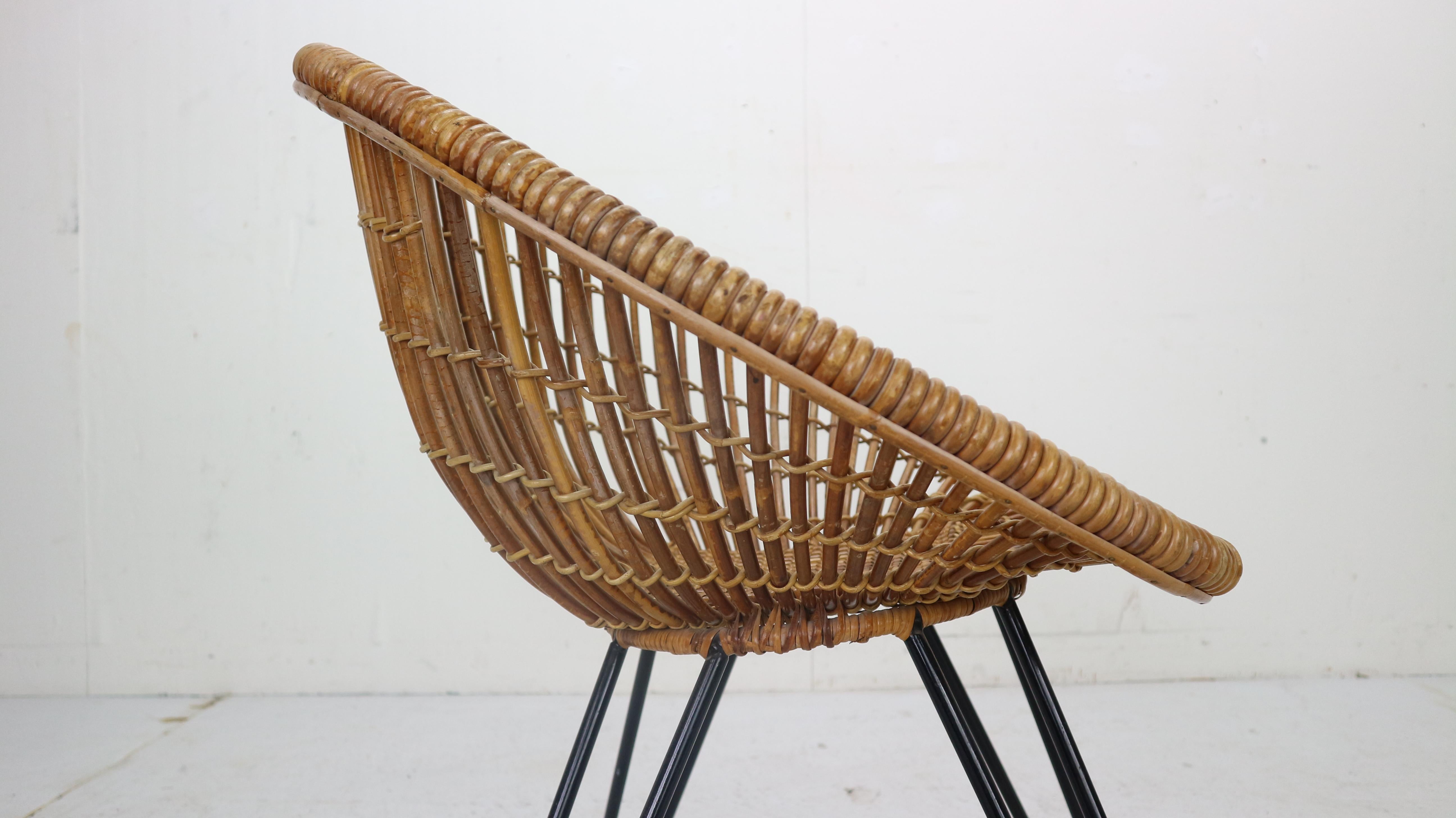 Midcentury Basket Woven Lounge Chair with Hairpin Metal Legs, 1950s 2