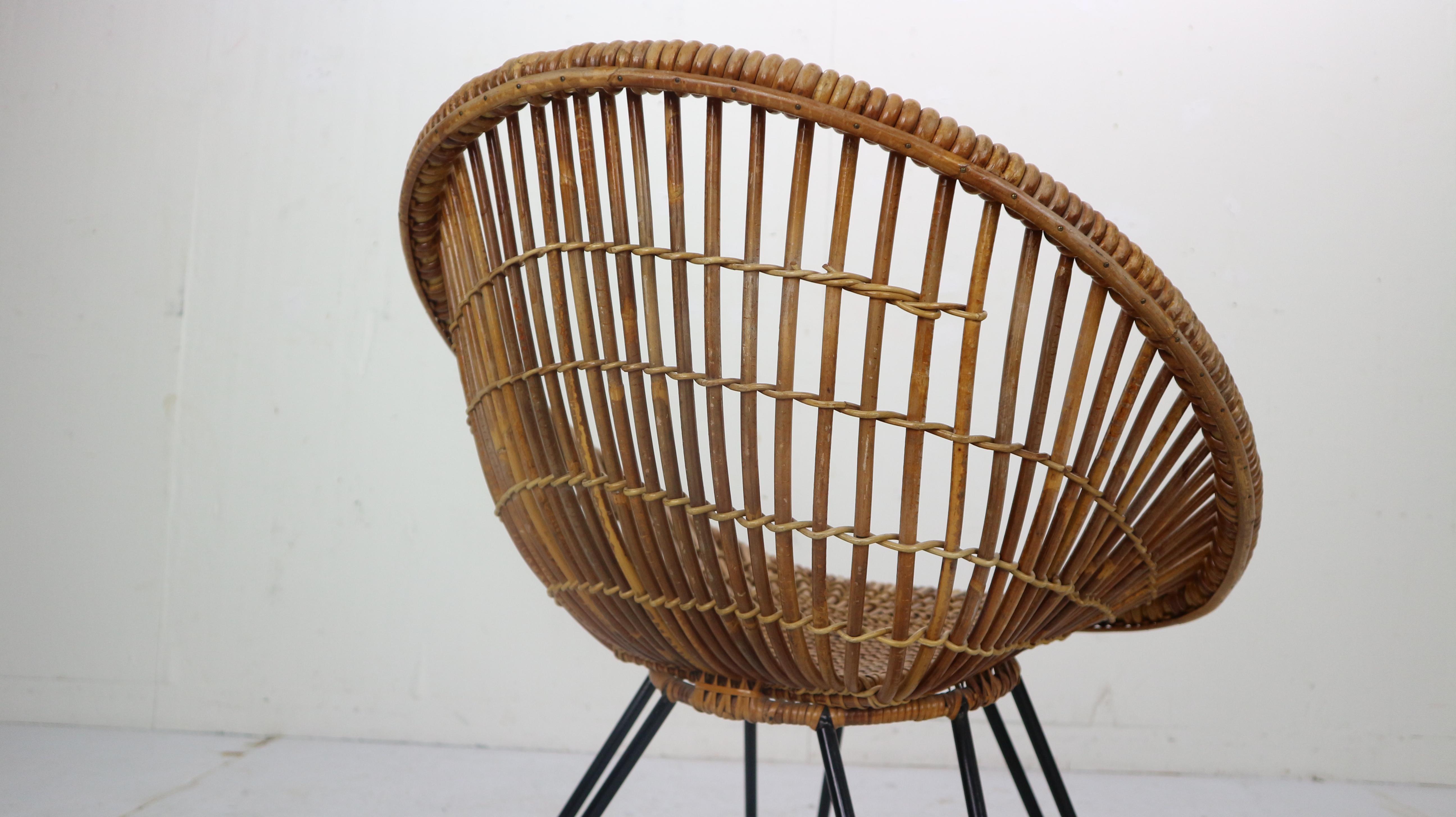 Midcentury Basket Woven Lounge Chair with Hairpin Metal Legs, 1950s 3