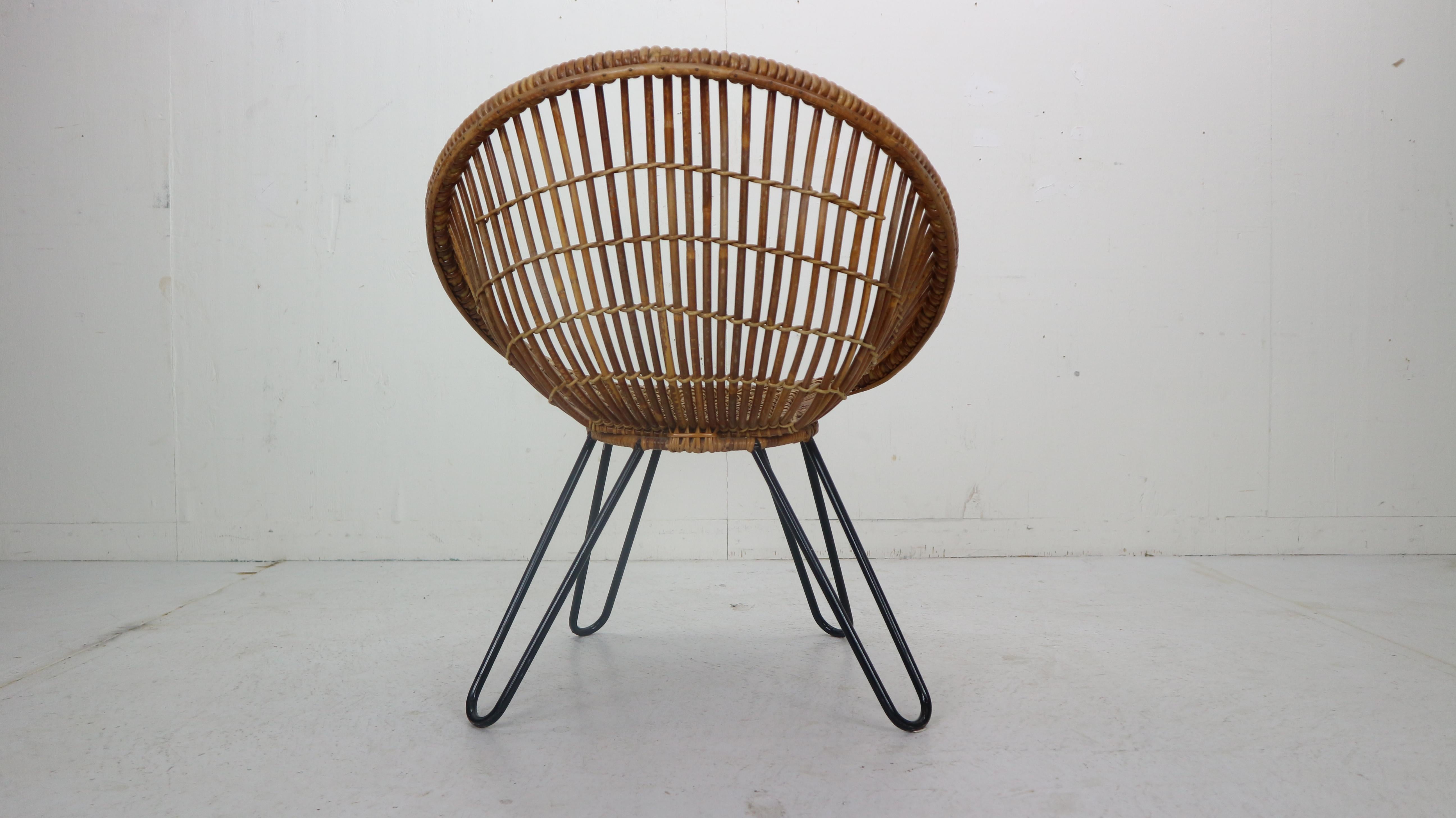Midcentury Basket Woven Lounge Chair with Hairpin Metal Legs, 1950s 4