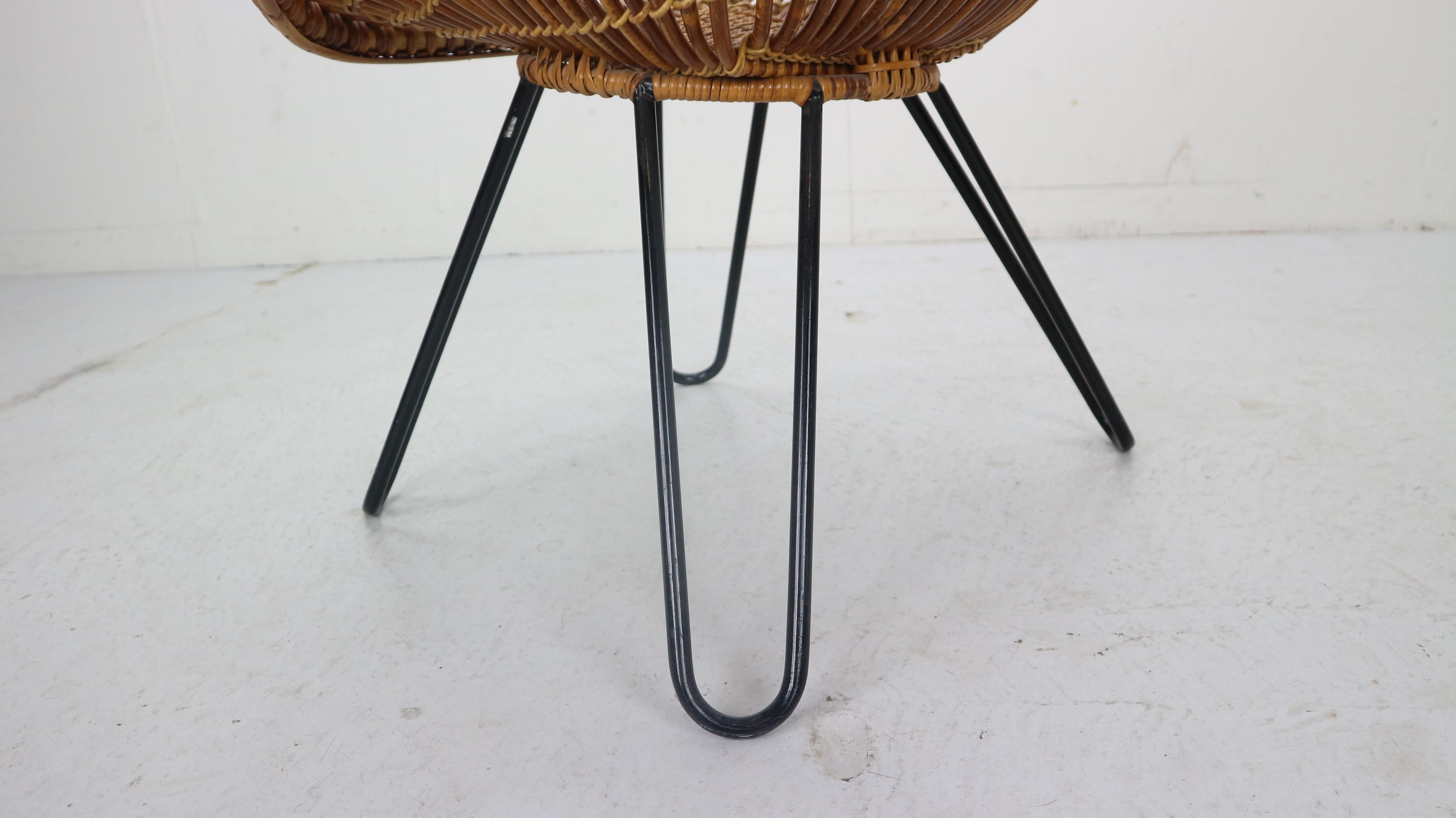Midcentury Basket Woven Lounge Chair with Hairpin Metal Legs, 1950s 6