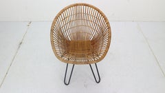 Midcentury Basket Woven Lounge Chair with Hairpin Metal Legs, 1950s