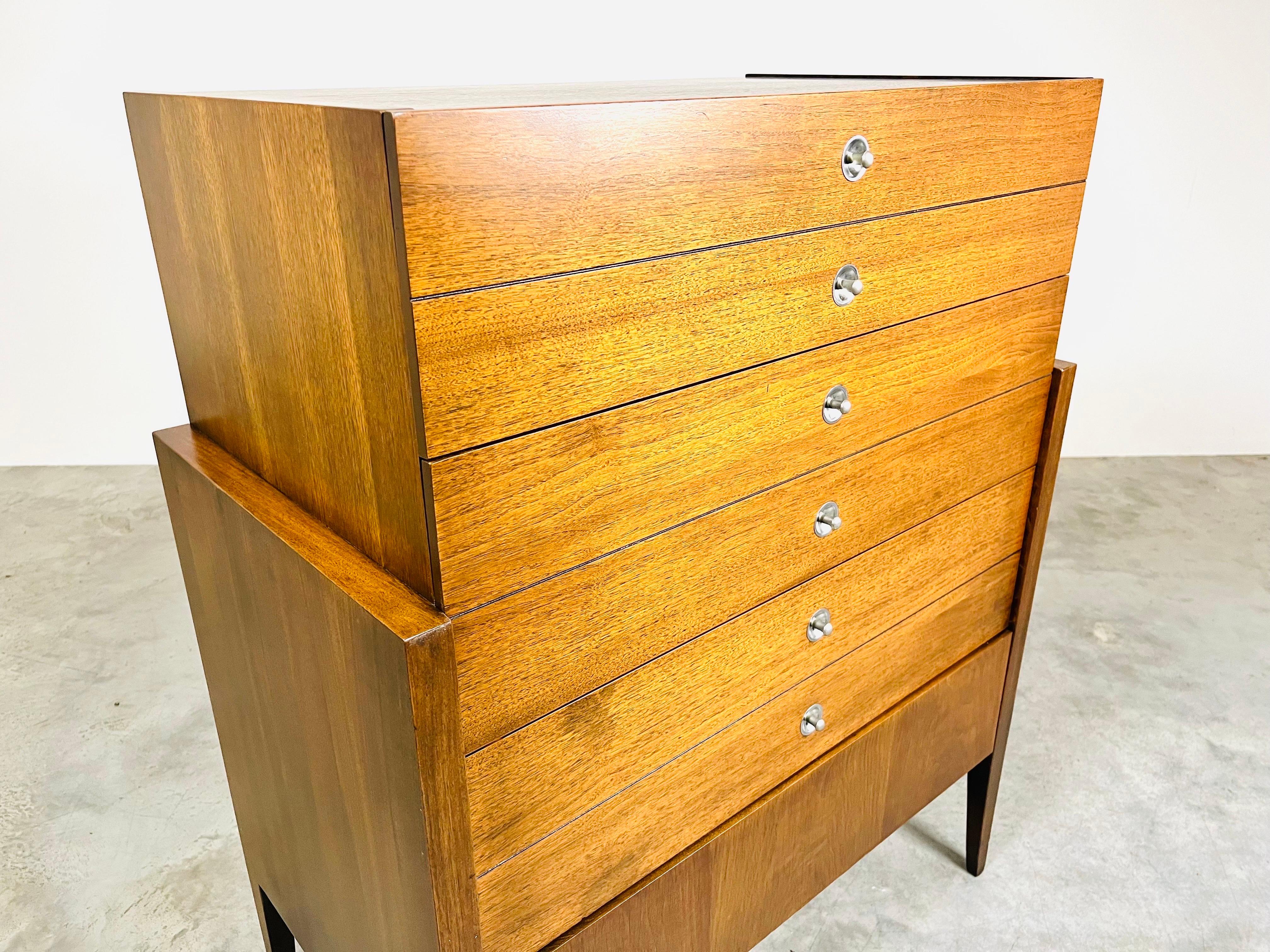 American Mid Century Bassett ‘Trimline’ Highboy Dresser-Chest of Drawers in Walnut