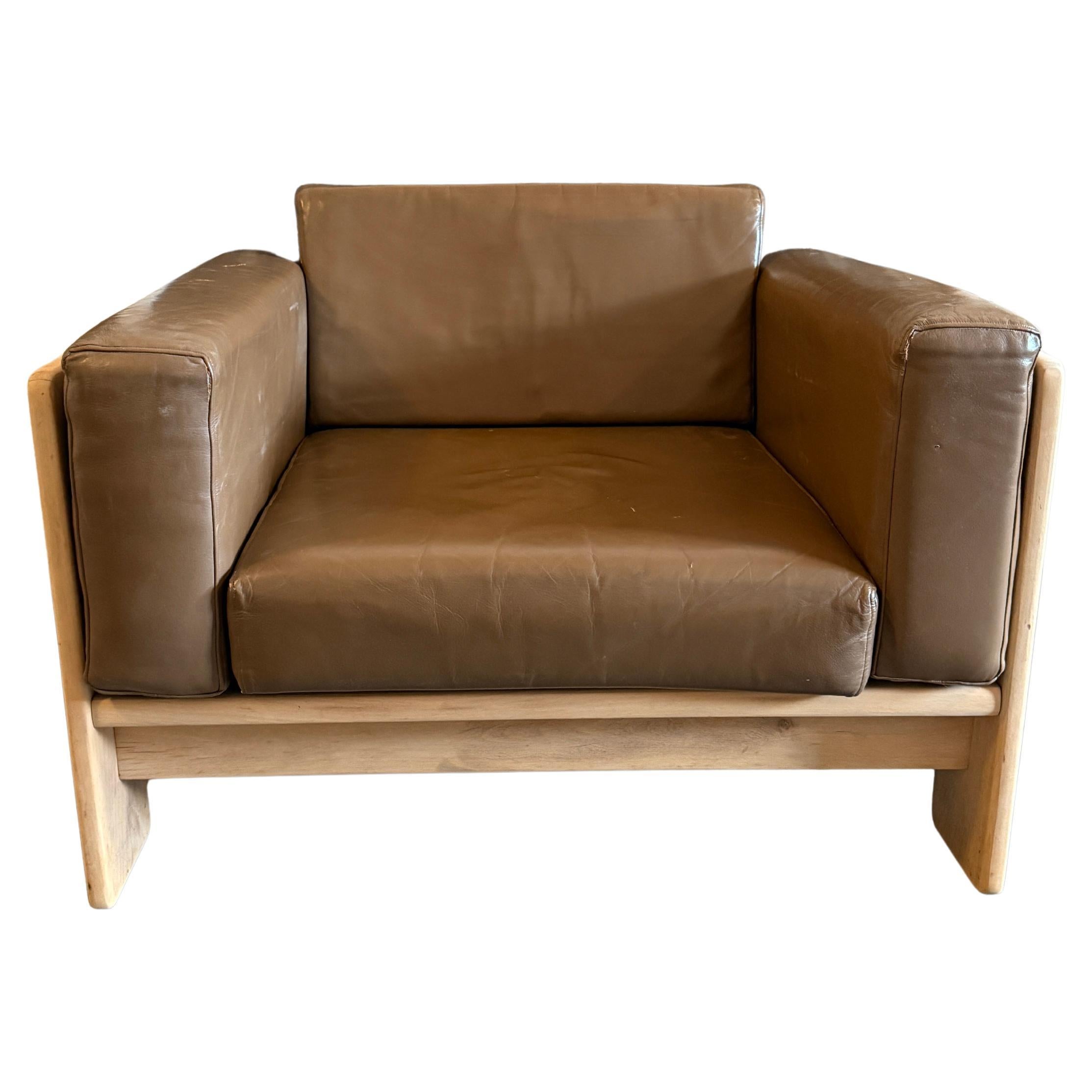 Mid century Bastiano birch Leather lounge chair by Afra 
Tobia Scarpa